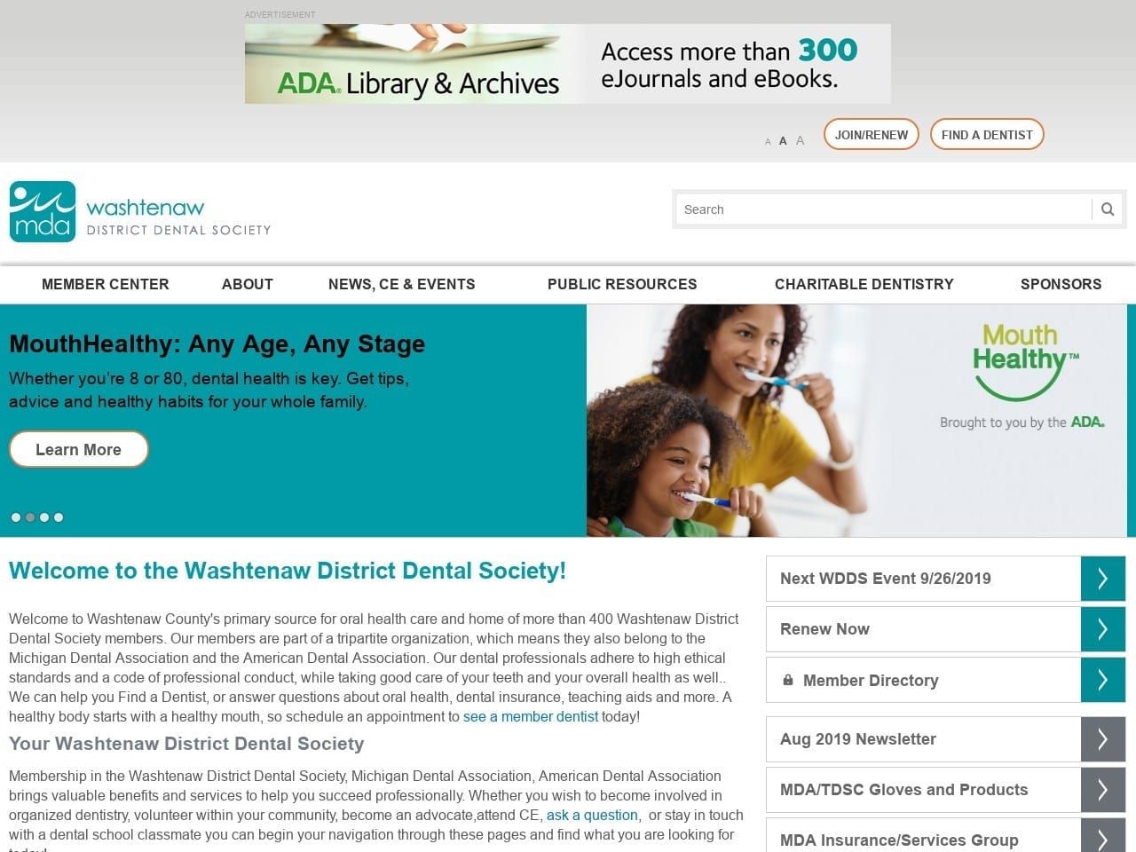 Washtenaw District Dental Website Screenshot from washtenawdentalsociety.org