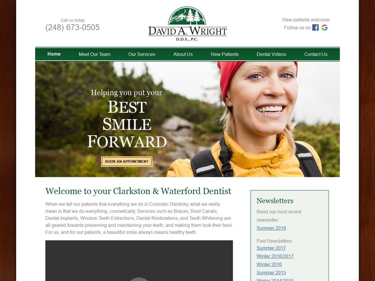 David A. Wright D.D.S P.C. Website Screenshot from waterfordclarkstondentist.com