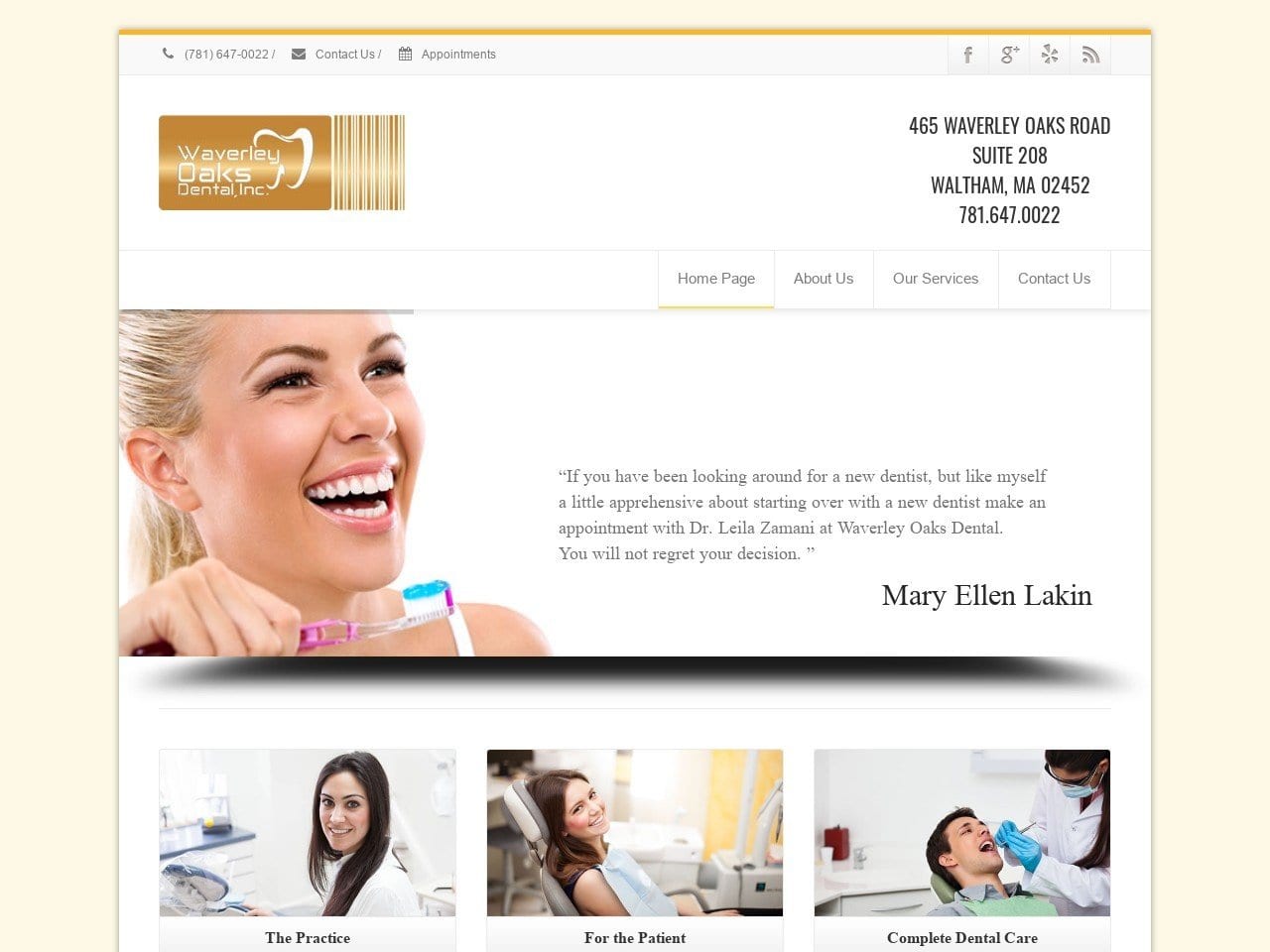 Waverley Oaks Dental Leila Zamani DMD Website Screenshot from waverleyoaksdental.com