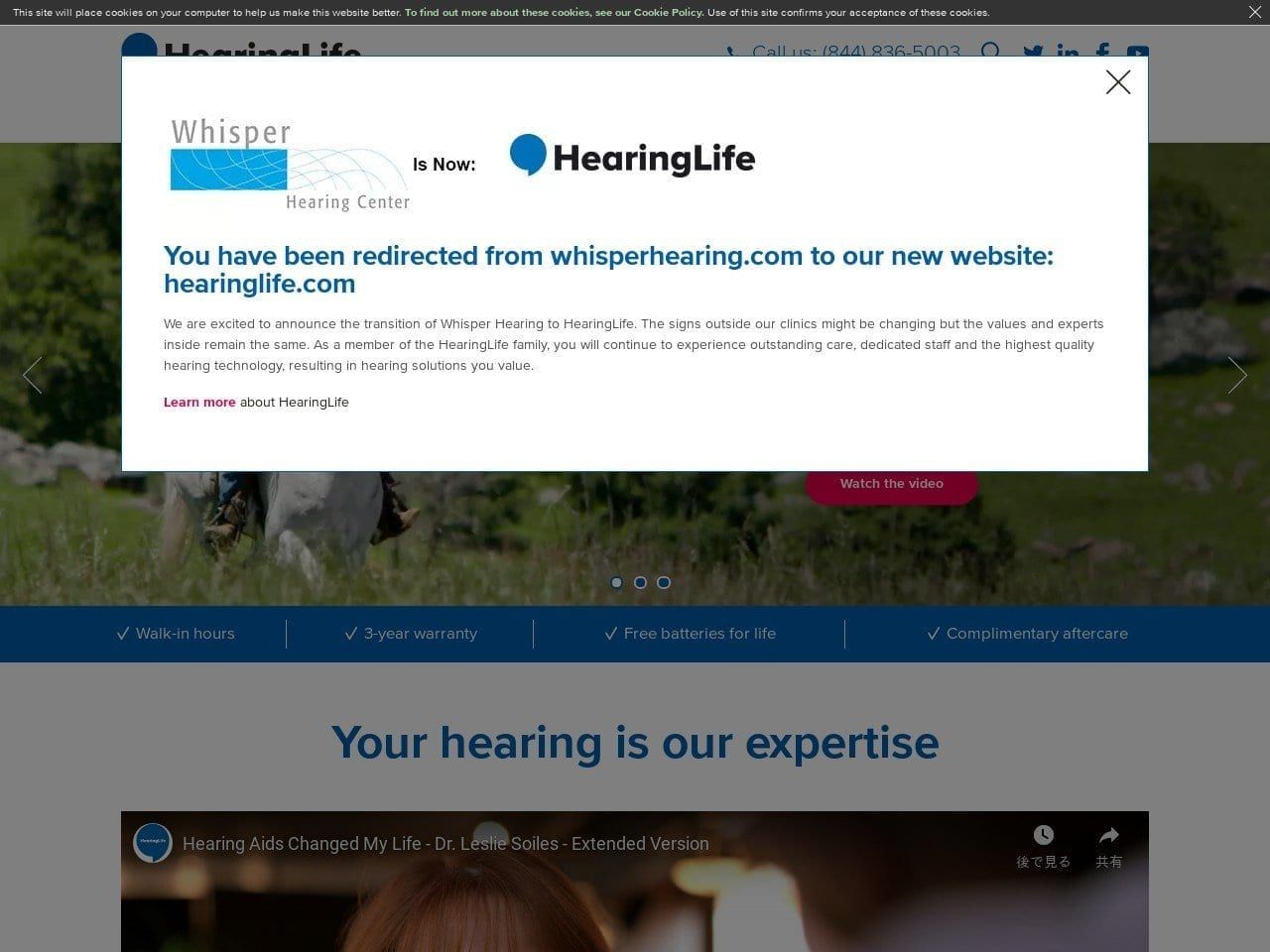 Whisper Hearing Center Website Screenshot from whisperhearing.com