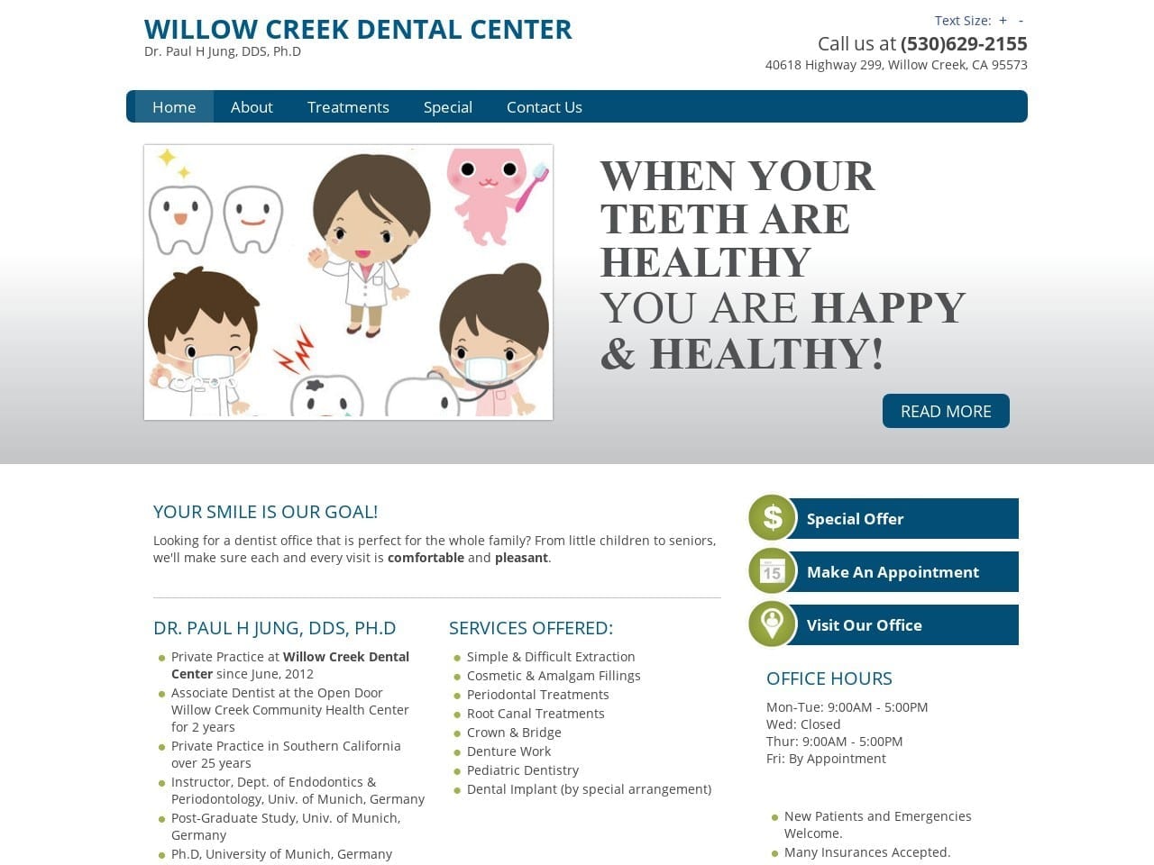 Willow Creek Dental Center Dr. Paul H Jung DDS PhD Website Screenshot from willowcreekdentalcenter.com