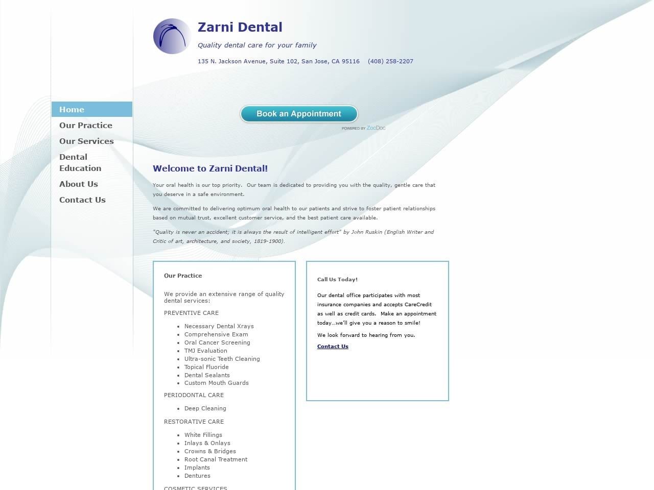 Zarni Dental Website Screenshot from zarnidental.com