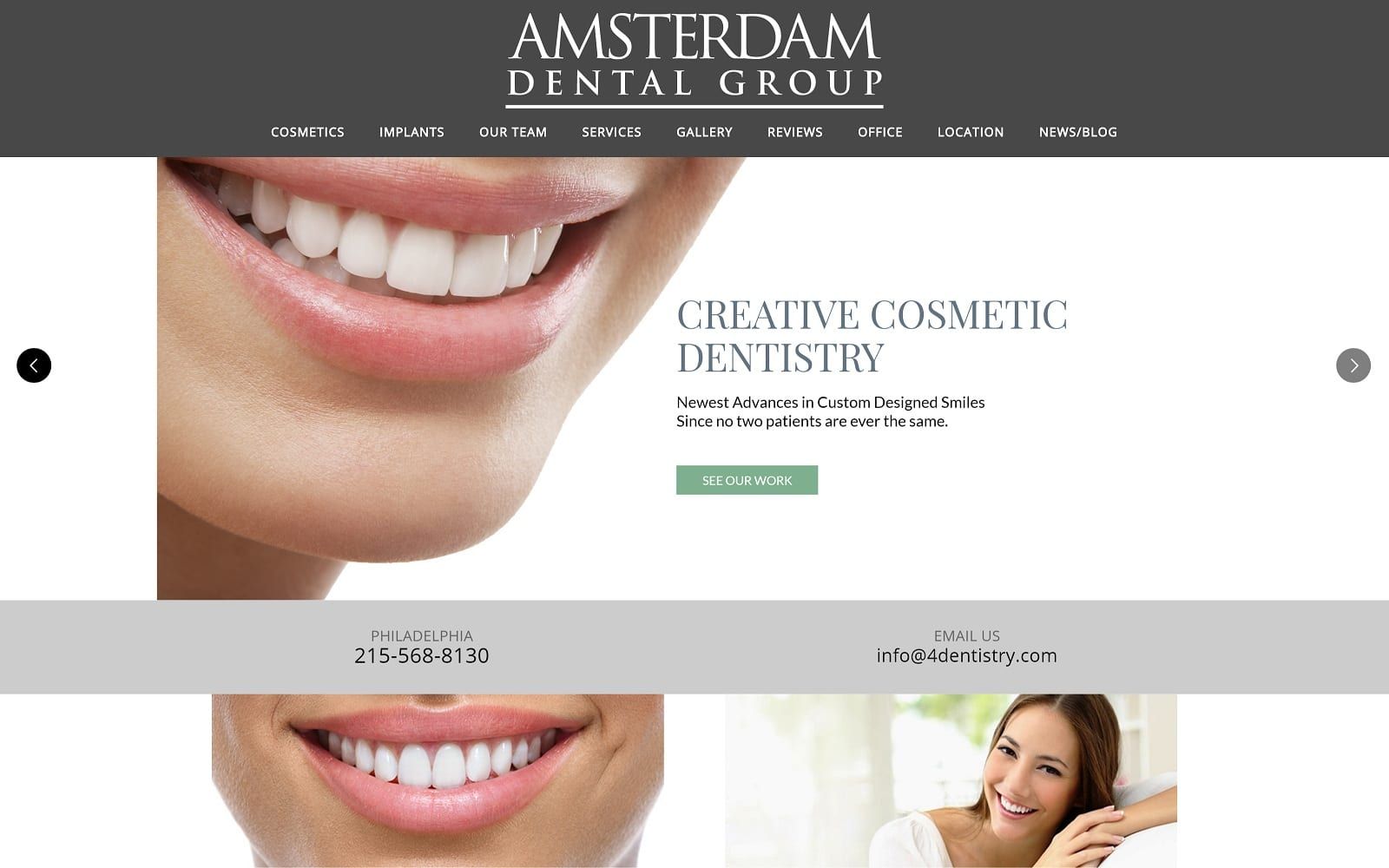 The screenshot of amsterdam dental group | cosmetic dentists of philadelphia amsterdamdentalgroup. Com/philadelphia website