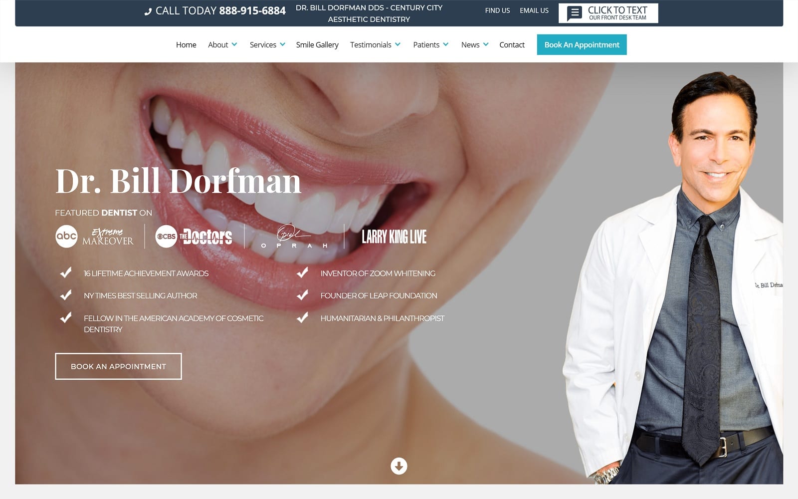 The screenshot of dr. Bill dorfman dds - century city aesthetic dentistry billdorfmandds. Com website