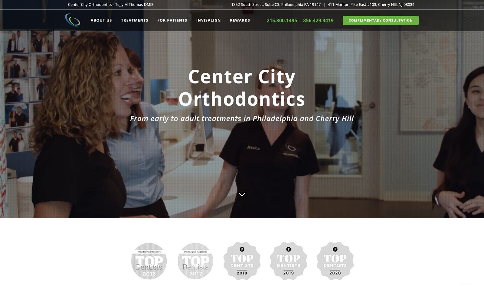 The screenshot of center city orthodontics philadelphia centercityortho. Com dr. Tejjy thomas website