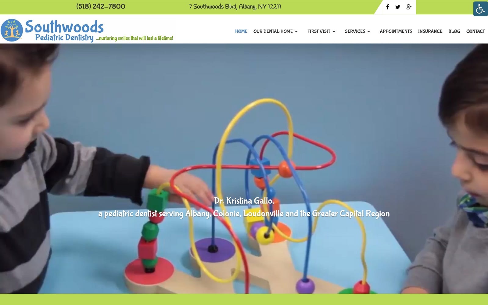 The screenshot of southwoods pediatric dentistry : dr. Kristina gallo southwoodspd. Com website