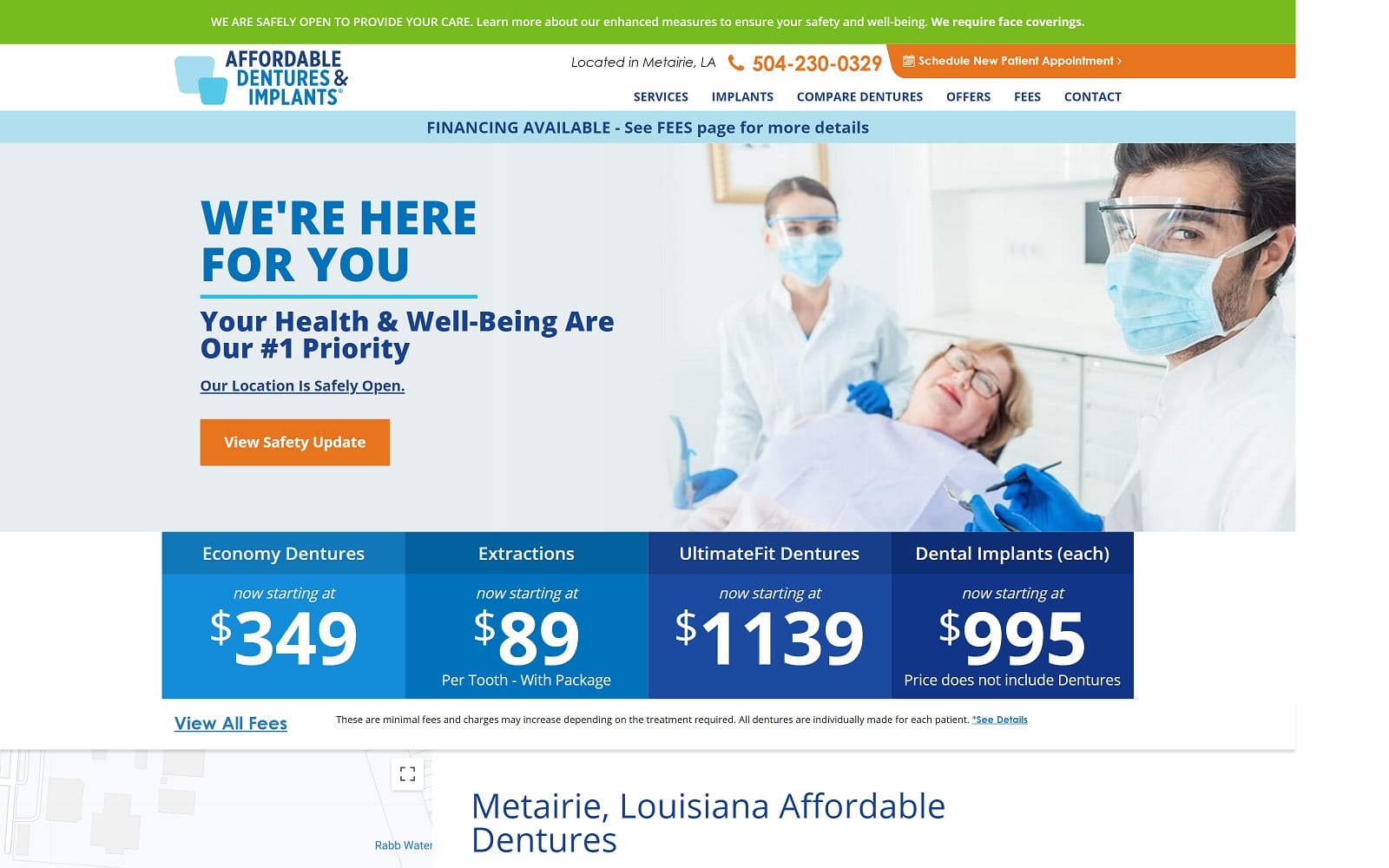 The screenshot of affordable dentures & implants affordabledentures. Com/office/metairie website