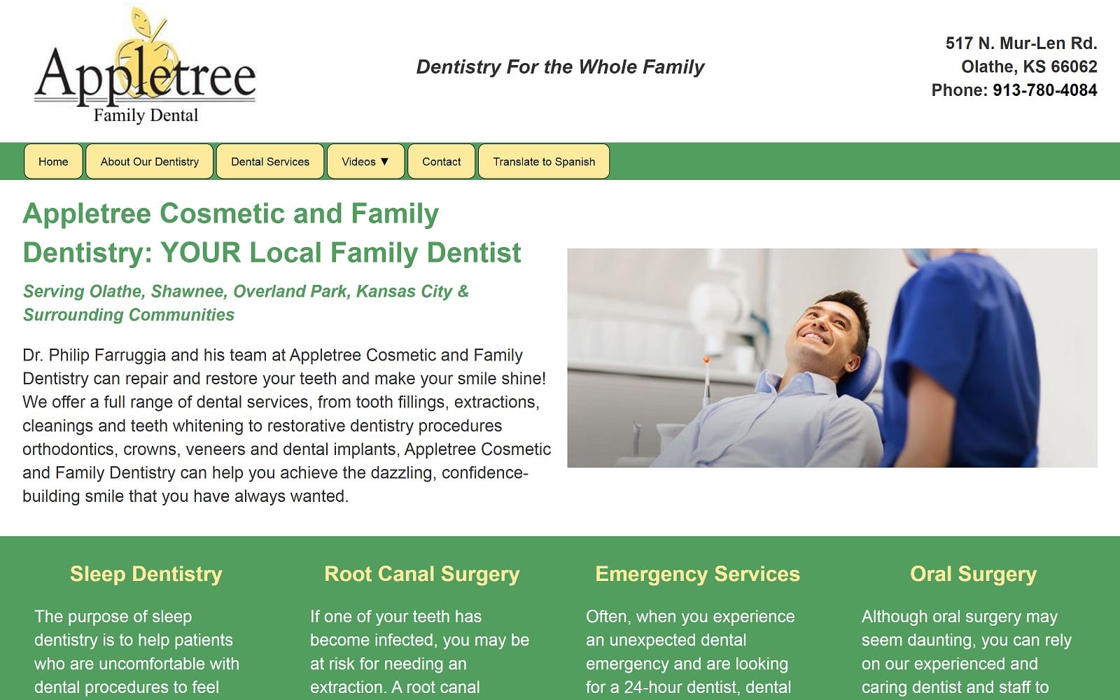 The screenshot of appletree family dental appletreefamilydental. Com dr. Philip farruggia website