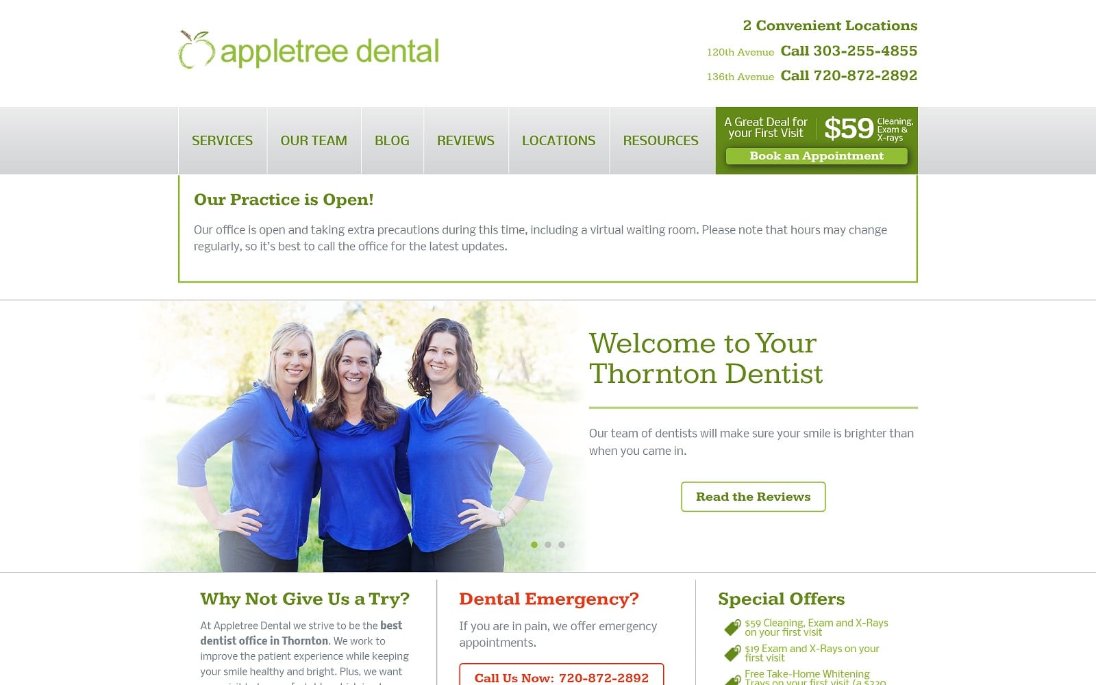 The screenshot of appletree dental appletreesmile. Com website