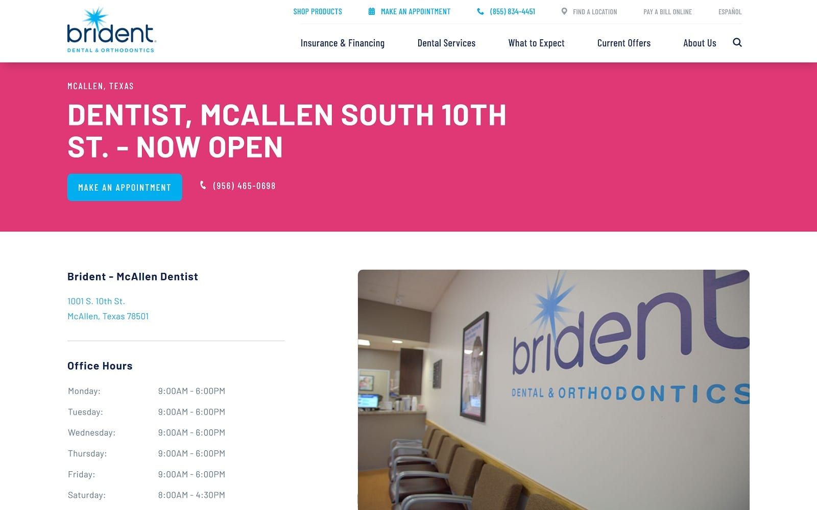 The screenshot of brident dental & orthodontics brident. Com/en-us/find-a-location/texas/mcallen/1001-s-10th-st website