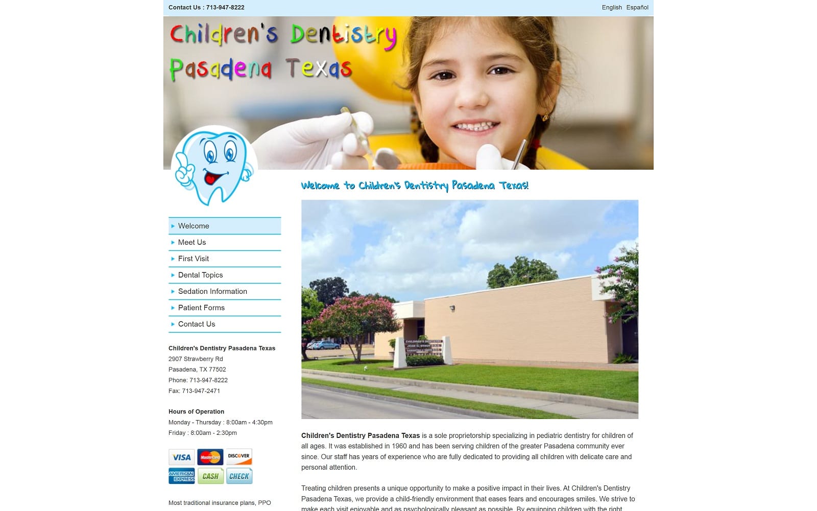 The screenshot of children's dentistry: jean c. Stout dds & associates childrensdentistrypasadenatx. Com website