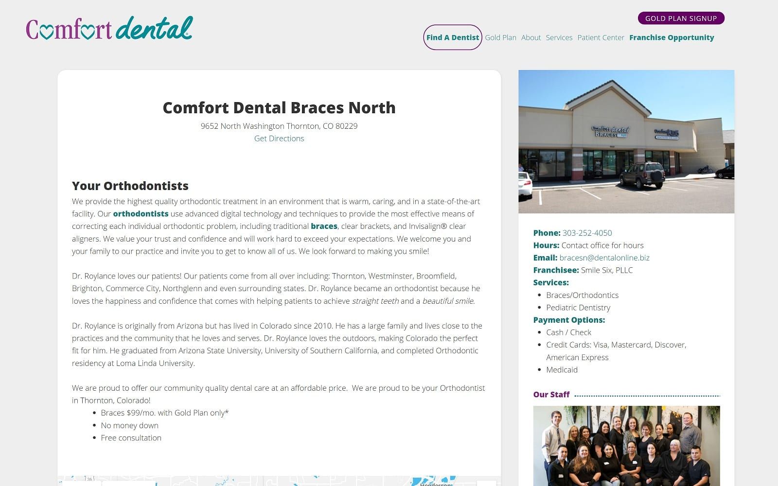 The screenshot of comfort dental braces north comfortdental. Com/orthodontist-thornton website