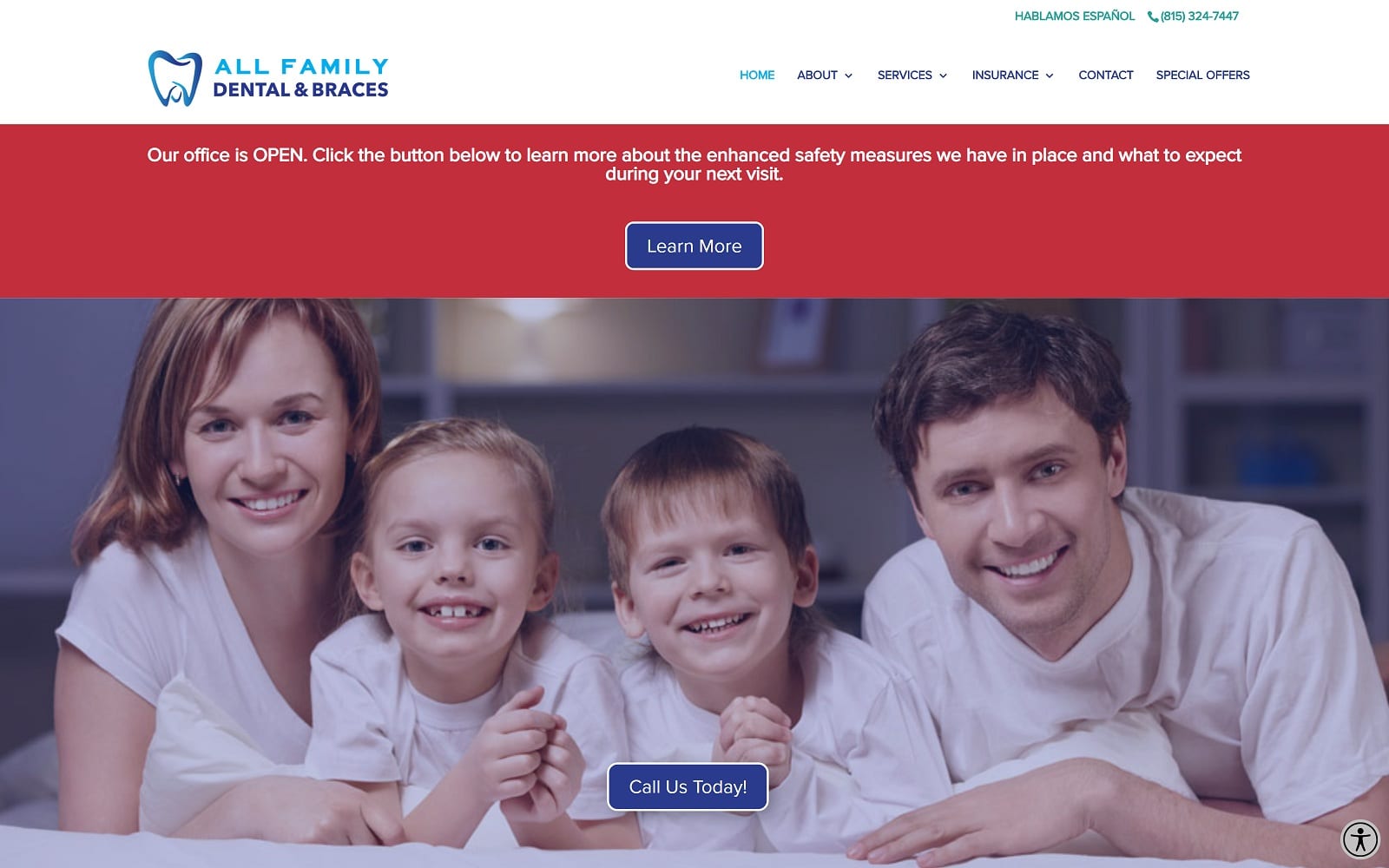 The screenshot of all family dental and braces dentalandbracesrockford. Com website