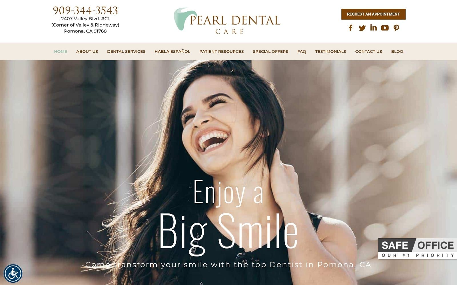 The screenshot of pearl dental care dentalcareofpomona. Com website