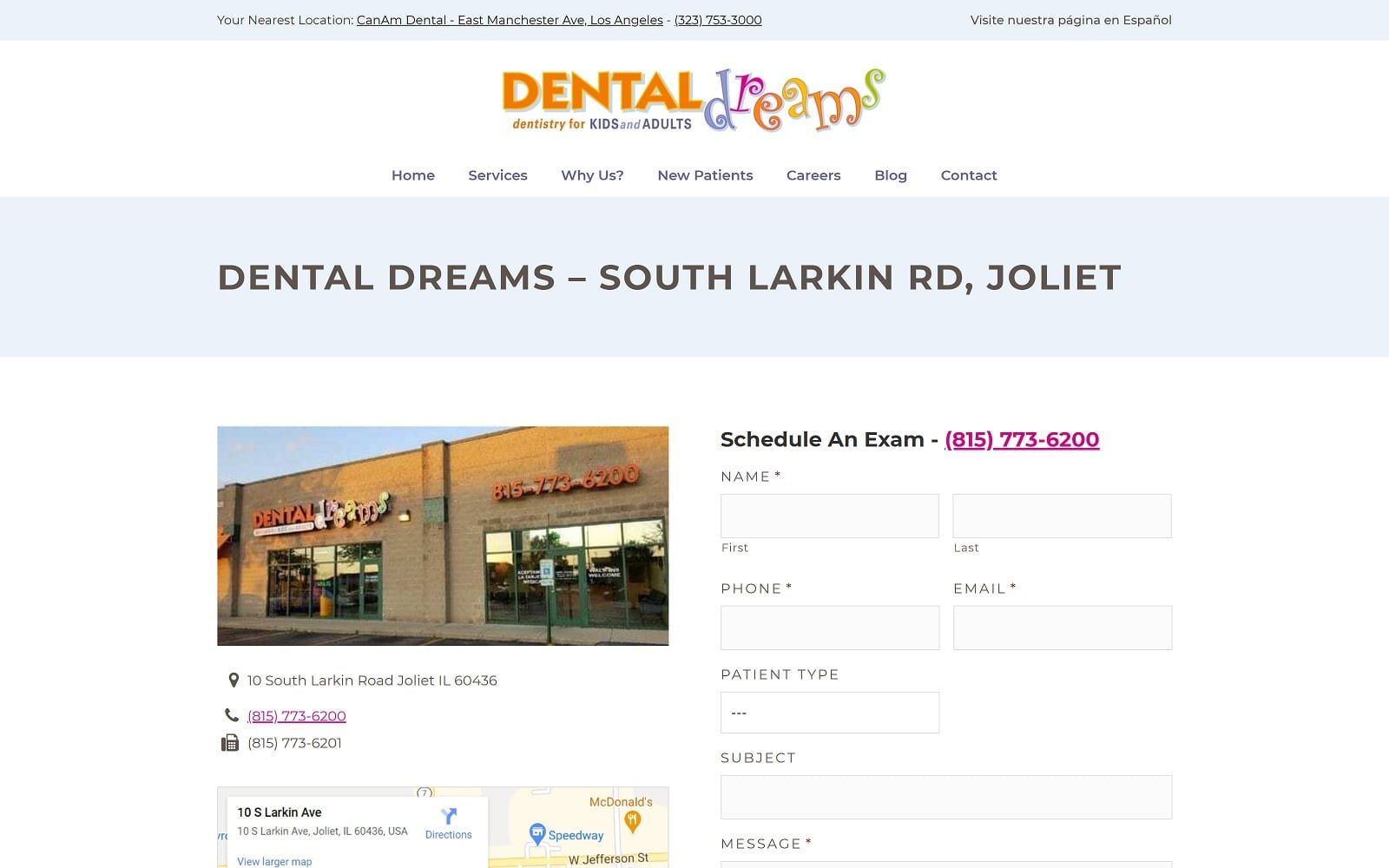 The screenshot of dental dreams-joliet dentaldreams. Com/location/dental-dreams-south-larkin-rd-joliet/ website