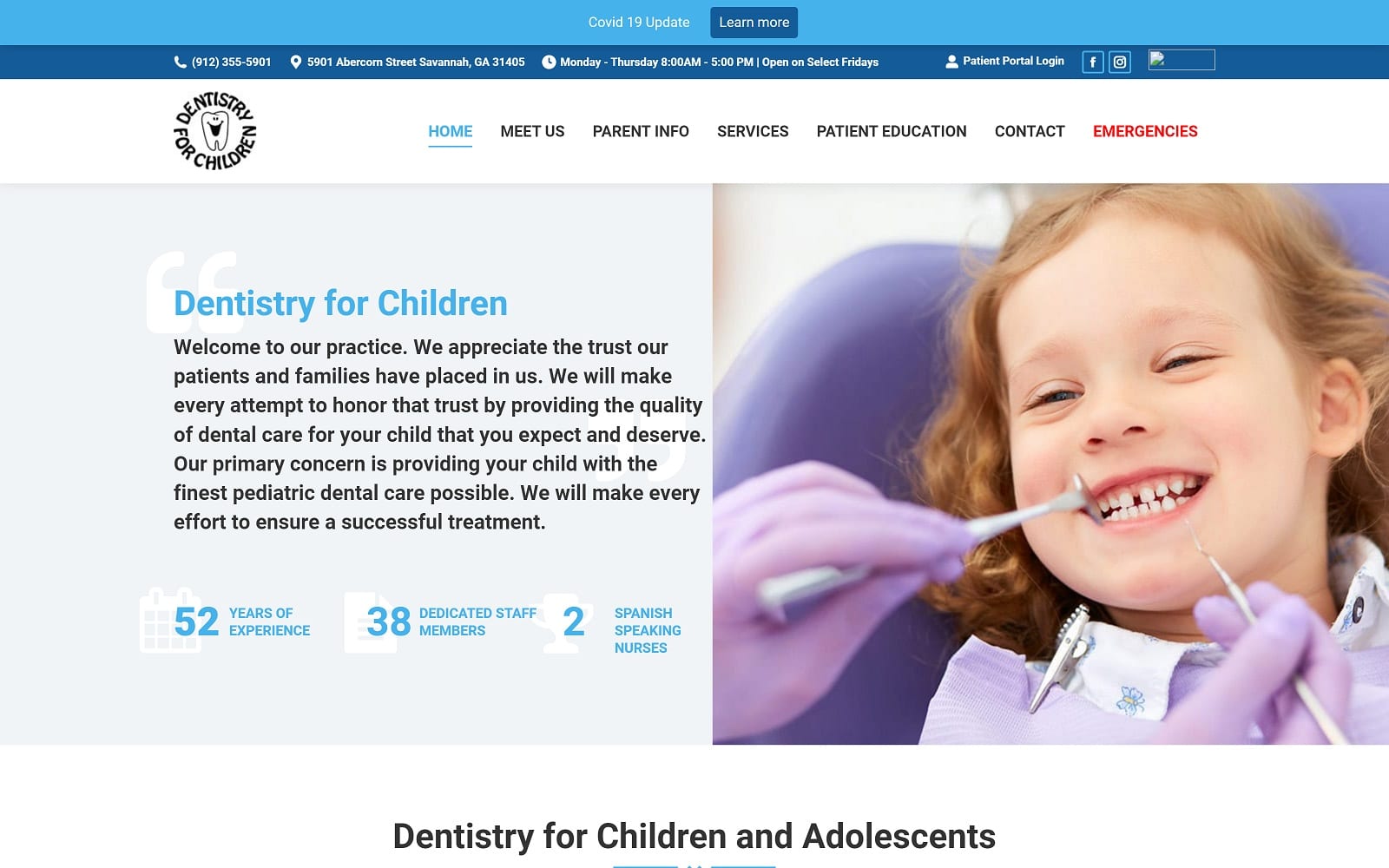 The screenshot of dentistry for children dentistryforchildrensavannah. Com website