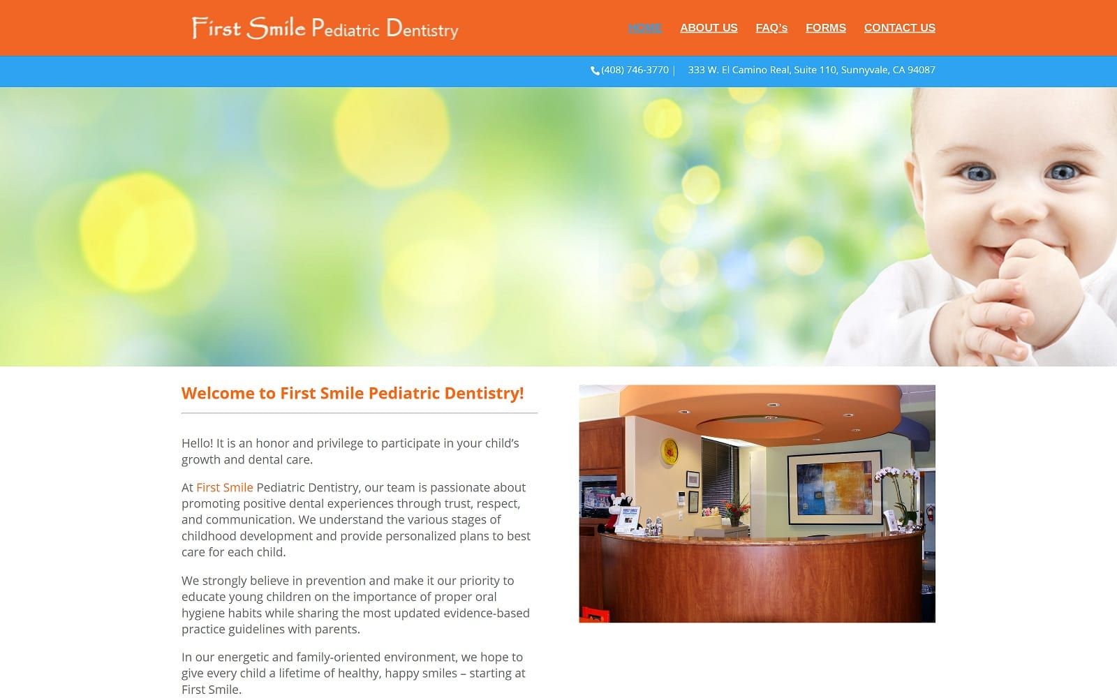 The screenshot of first smile pediatric dentistry firstsmiledds. Com website