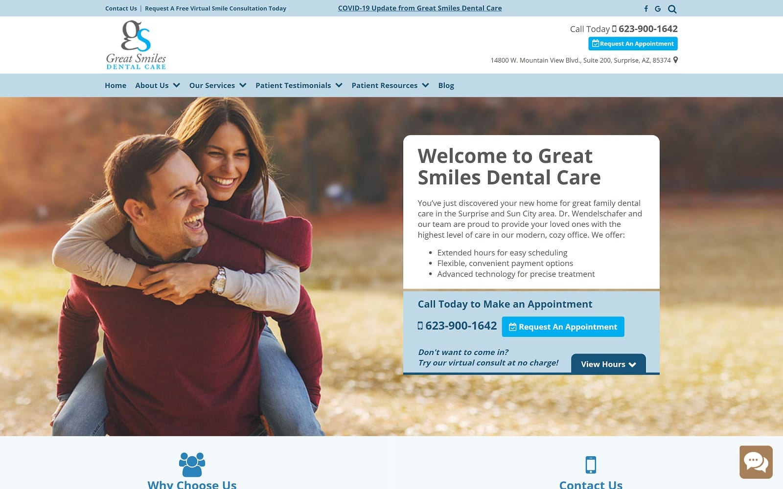 The screenshot of great smiles dental care, cosmetic, emergency, implants and dentures greatsmilesaz. Com website