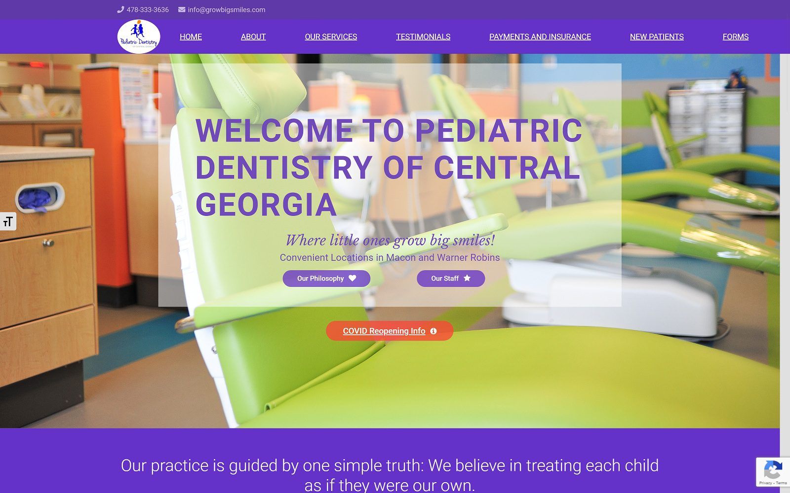 The screenshot of pediatric dentistry of central georgia-macon llc growbigsmiles. Com website