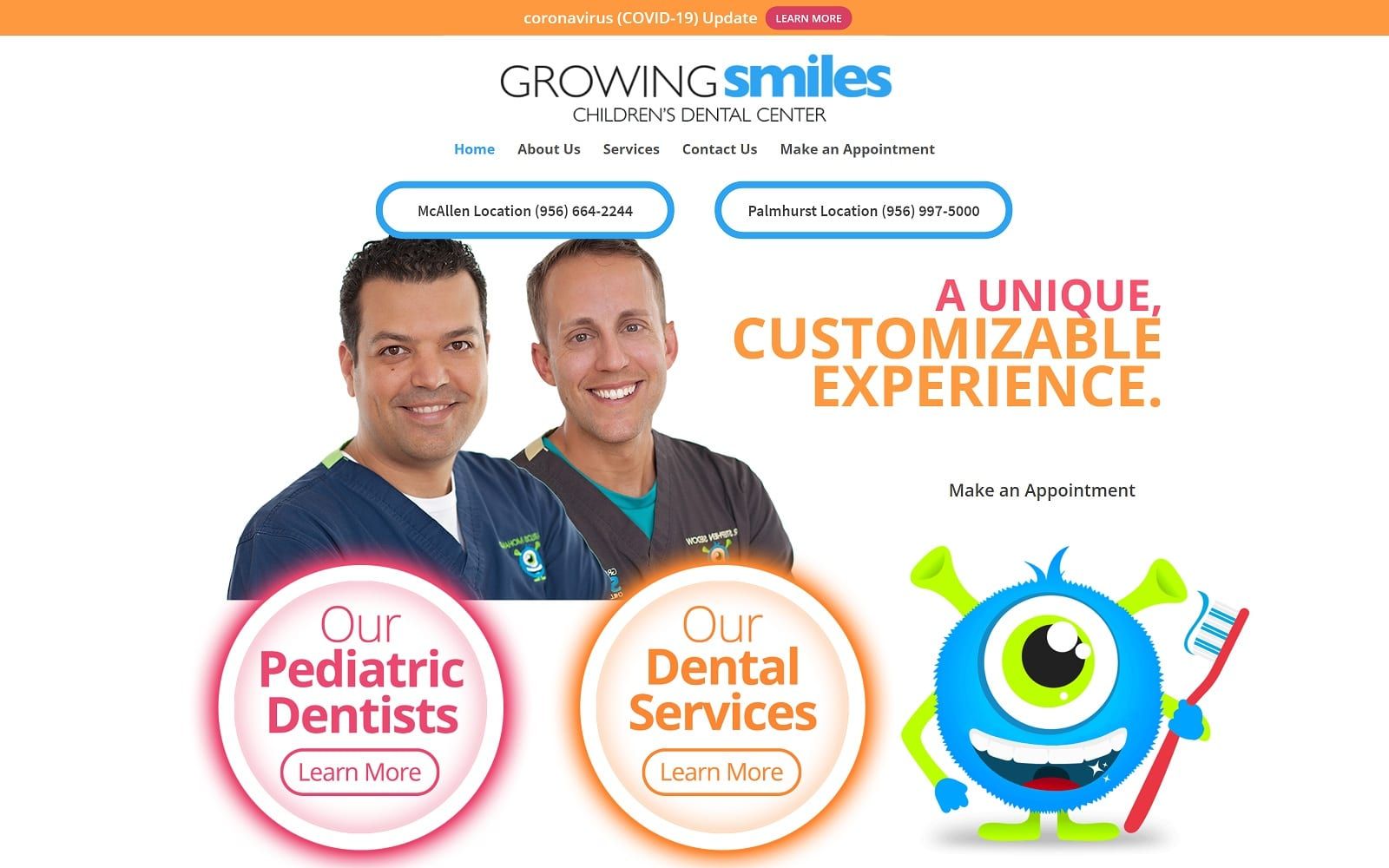 The screenshot of growing smiles children's dental center growingsmilescdc. Com website