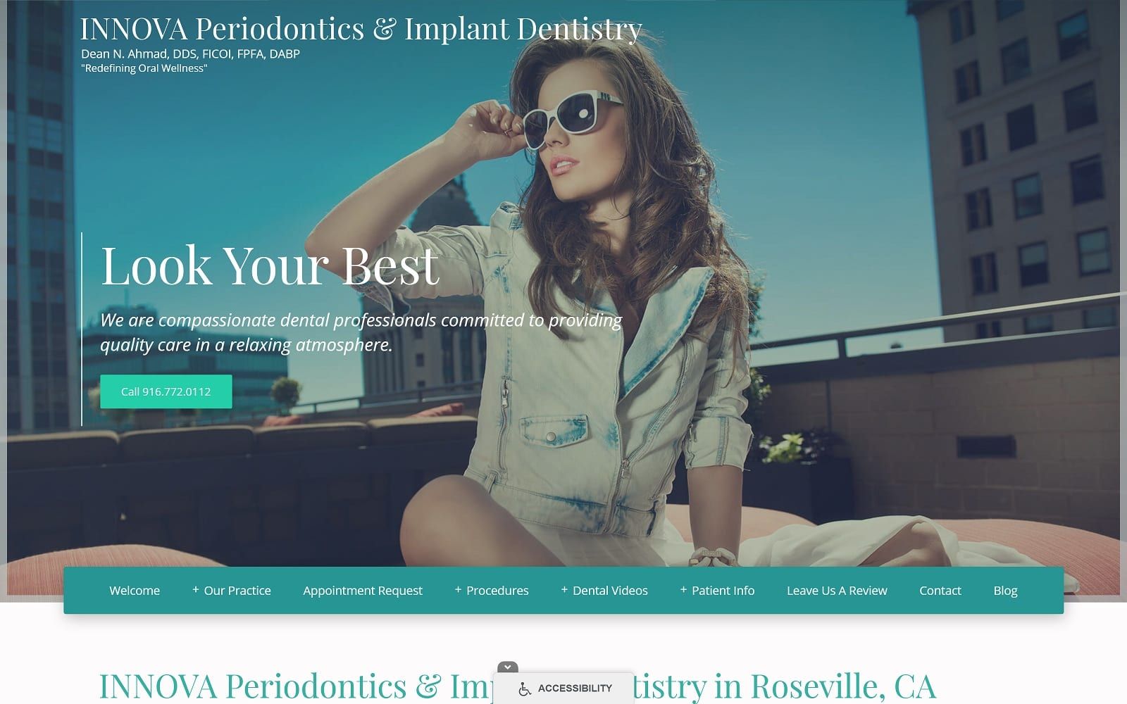 The screenshot of dr. Dean n. Ahmad, dds (innova periodontics & implant dentistry) innovaperio. Com website