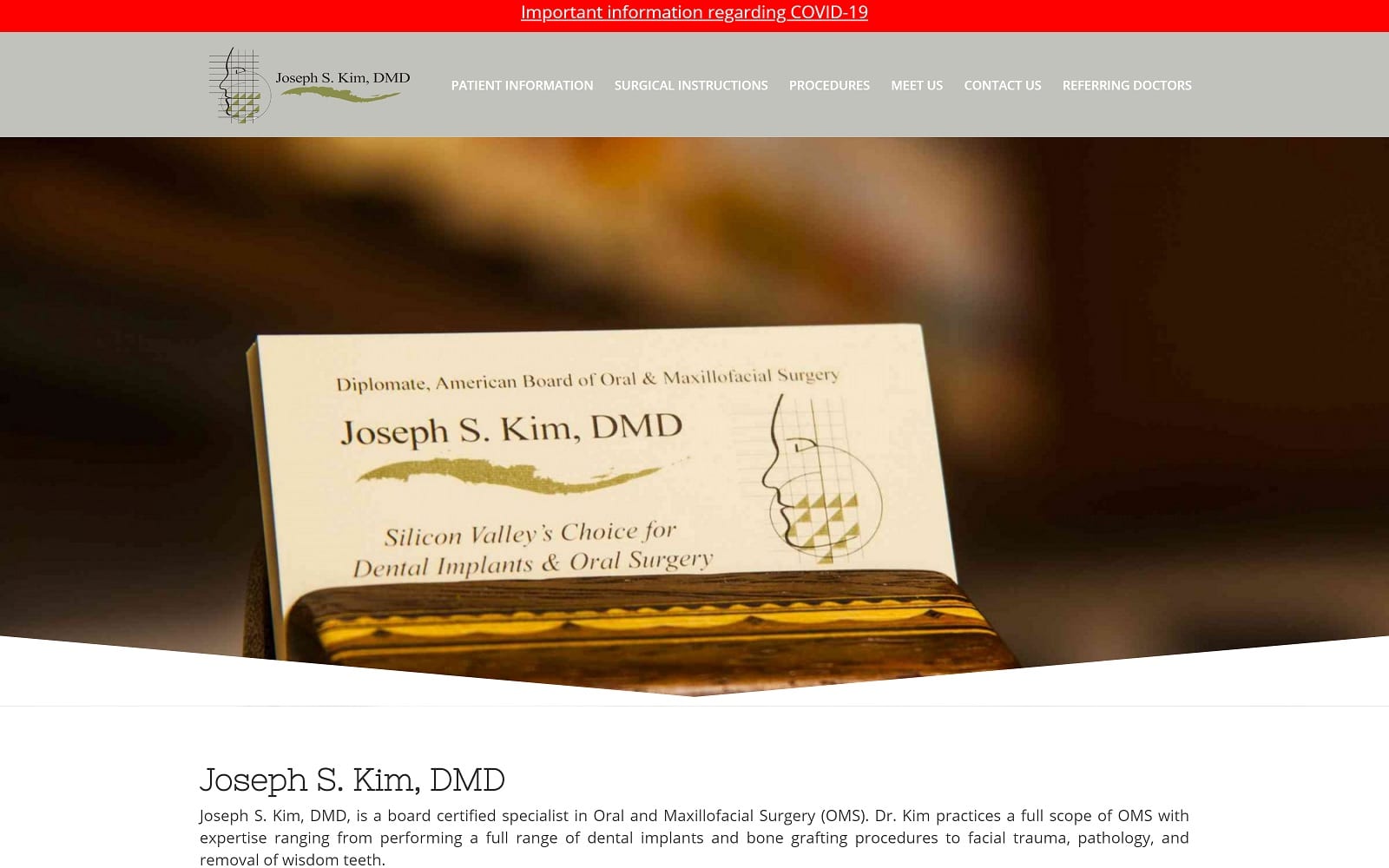 The screenshot of dr. Joseph s. Kim, dmd josephkimoms. Com website