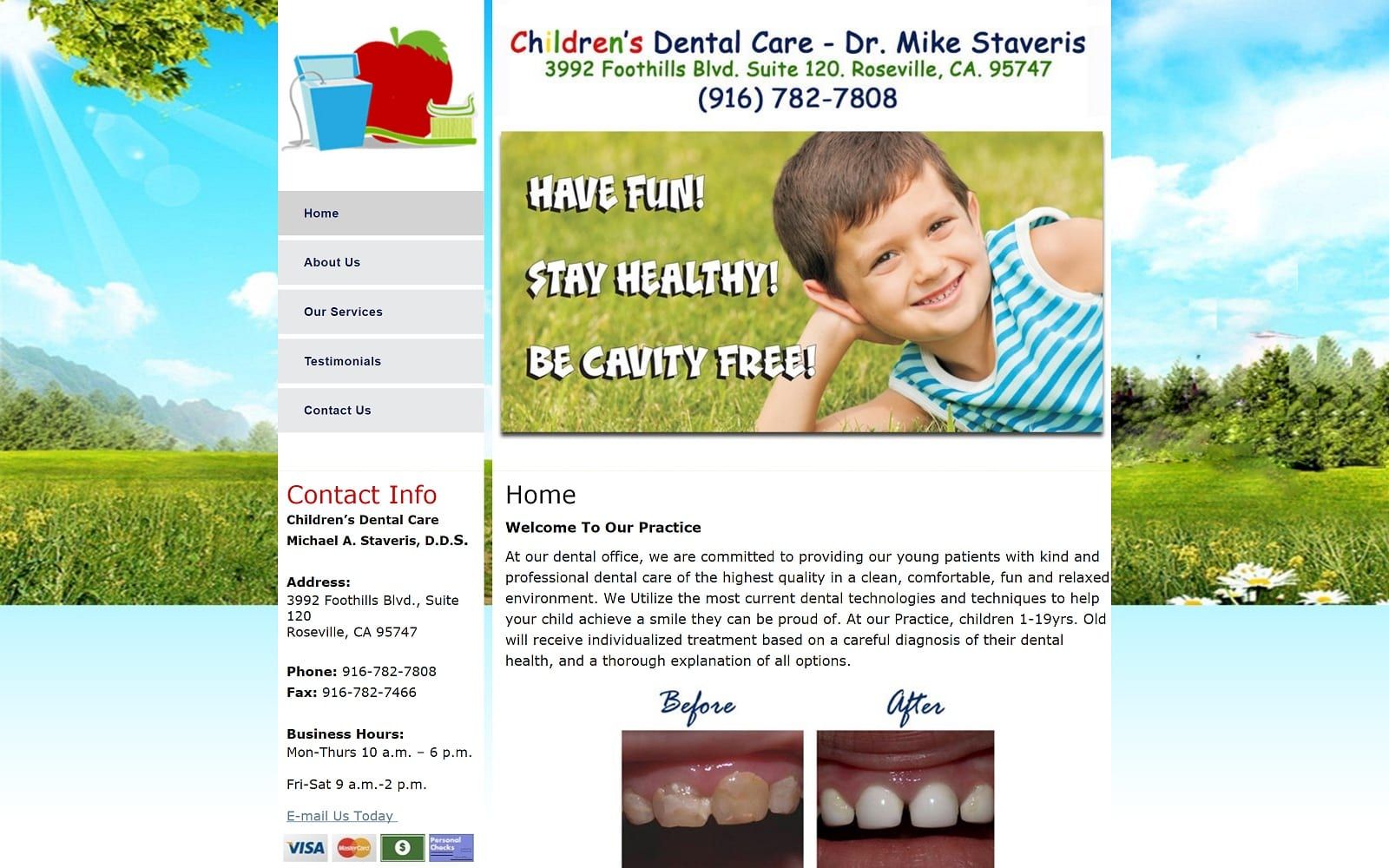 The screenshot of children's dental care - dr. Mike staveris kiddentists. Com website