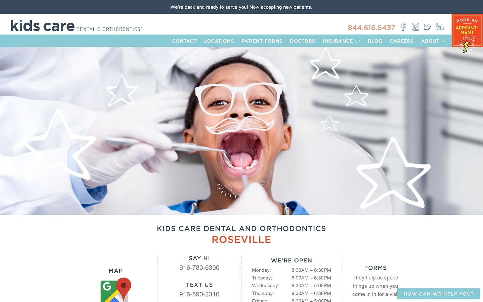 The screenshot of kids care dental & orthodontics - roseville kidscaredental. Com/locations/roseville website