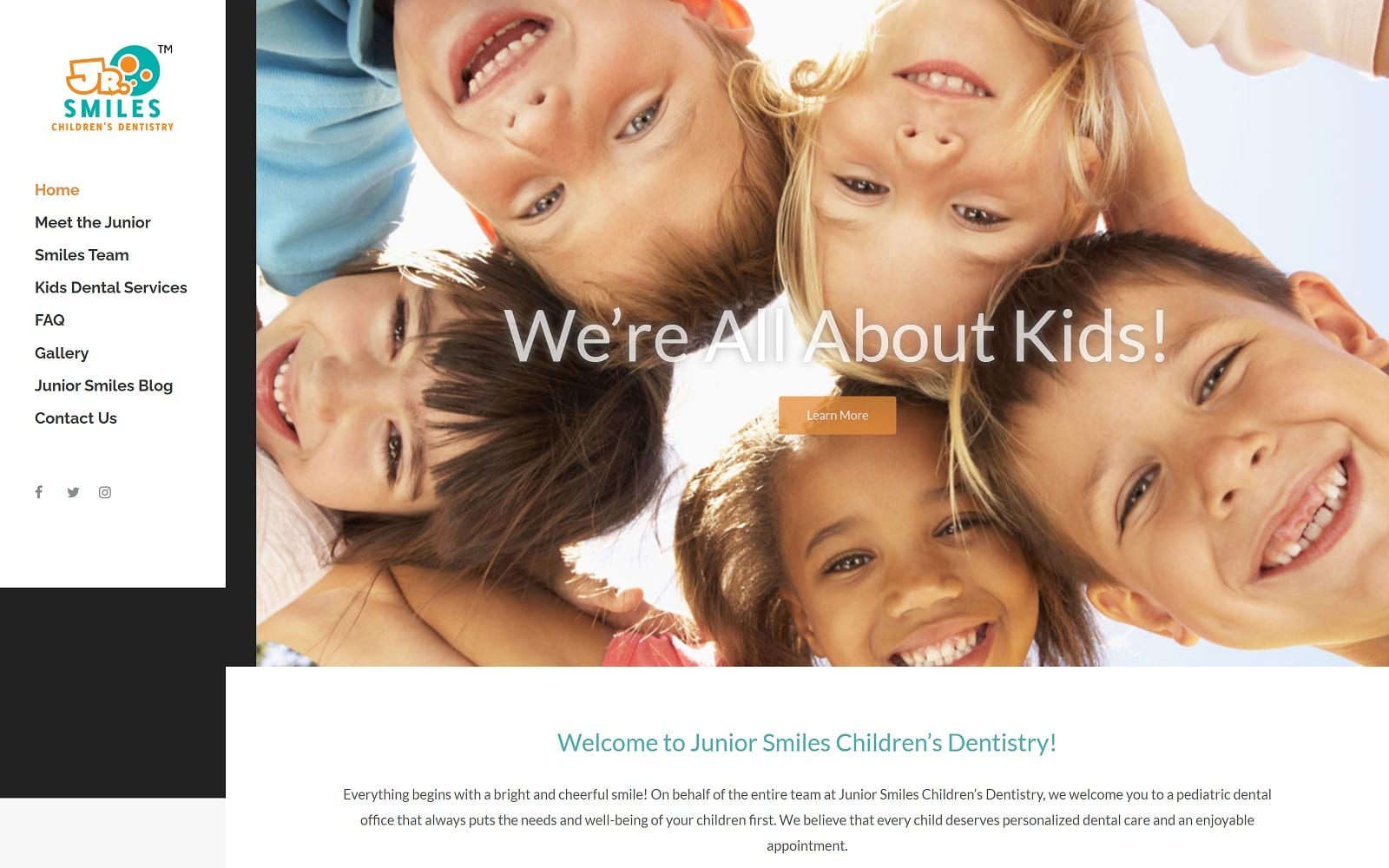 The screenshot of junior smiles children's dentistry kidsdentalsmile. Com website