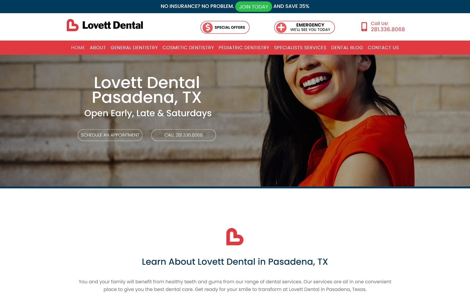 The screenshot of lovett dental pasadena lovettdentistrypasadena. Com website