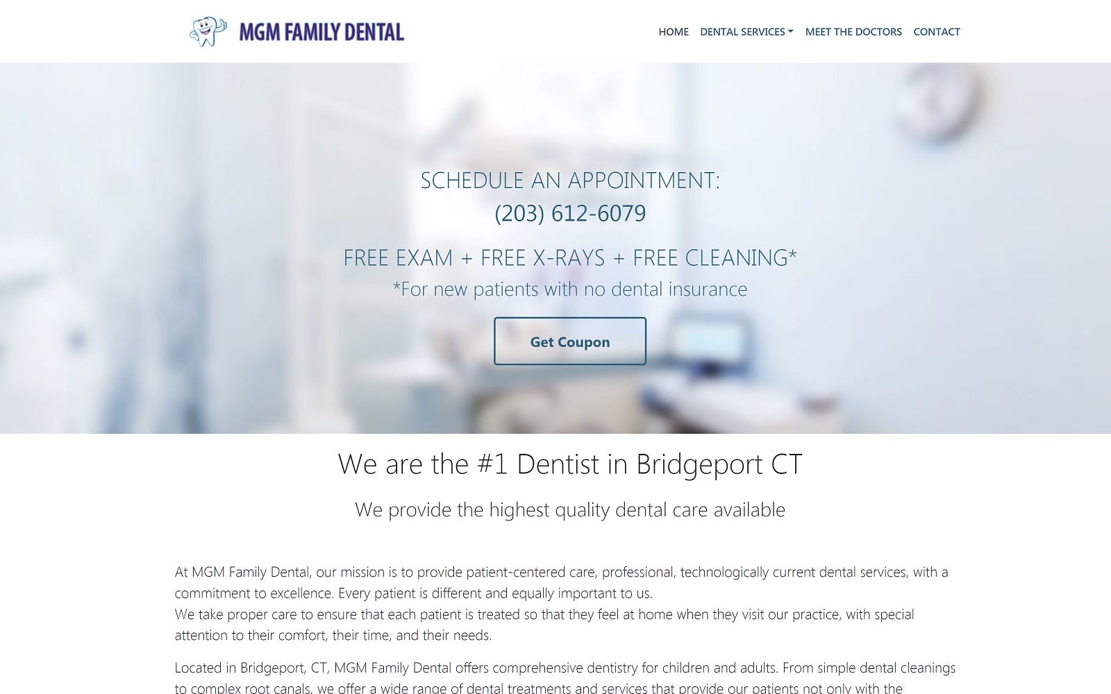 The screenshot of mgm family dental mgmfamilydental. Com website