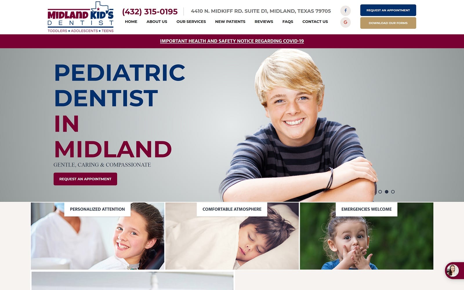 The screenshot of midland kid's dentist midlandkidsdentist. Com website