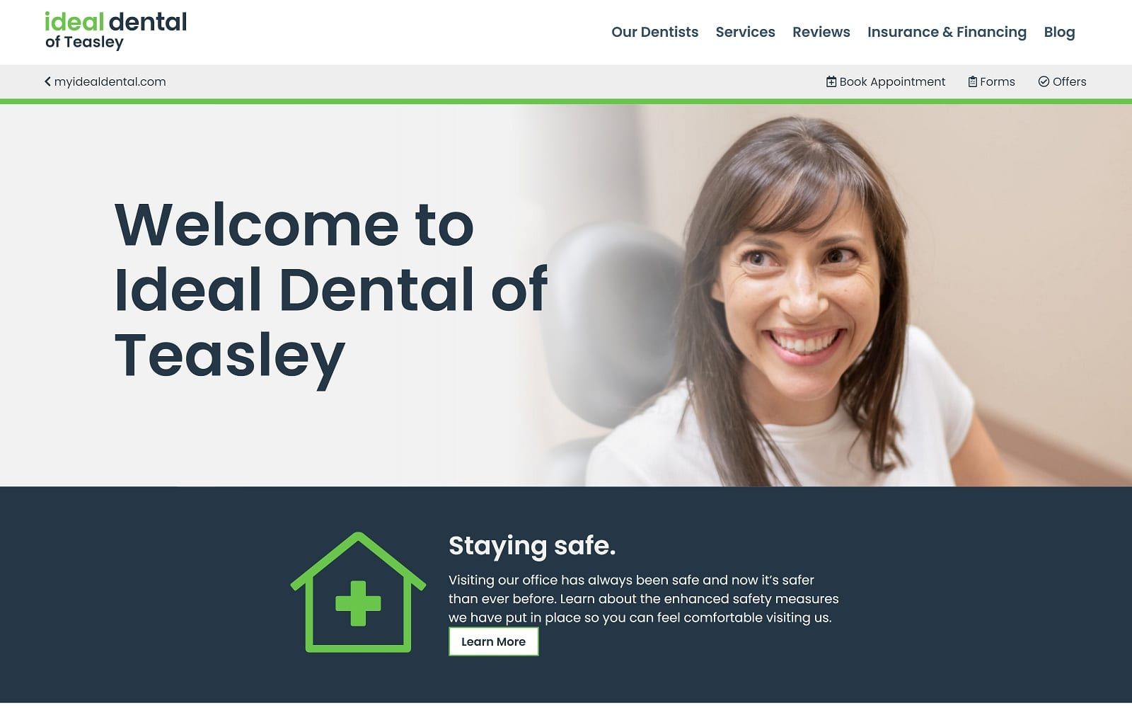 The screenshot of ideal dental of teasley myidealdental. Com/teasley website