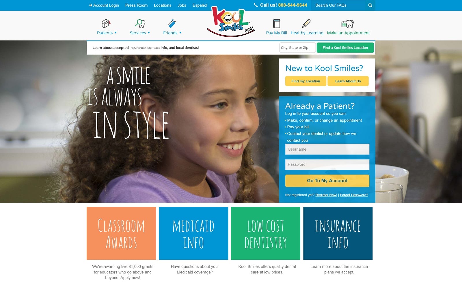 The screenshot of kool smiles dentist mykoolsmiles. Com website