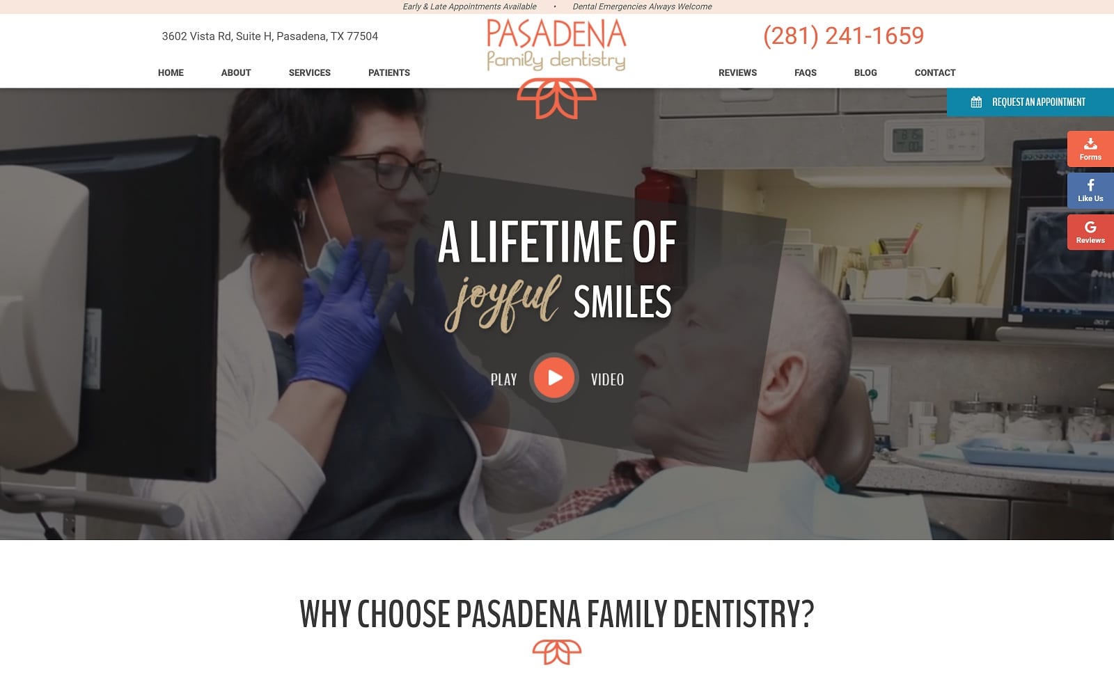 The screenshot of pasadena family dentistry pasadenafamilydentistry. Com website