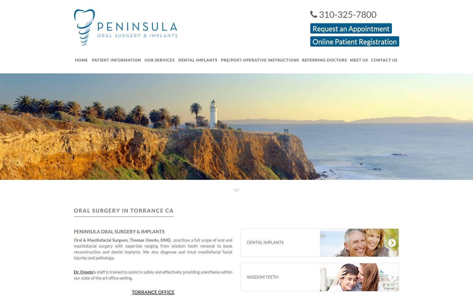 The screenshot of peninsula oral surgery & implants peninsulaos. Com dr. Thomas omotowebsite