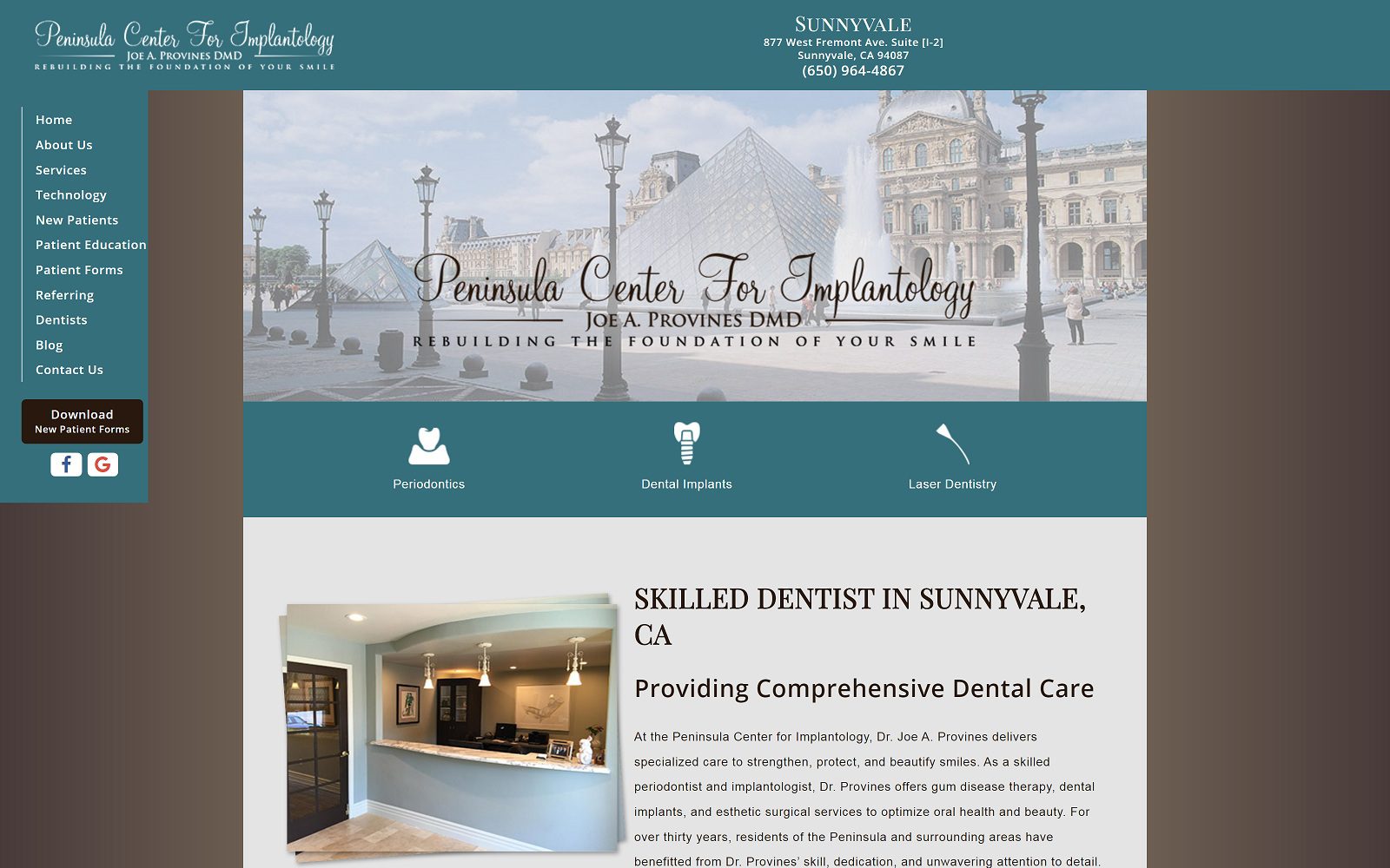 The screenshot of peninsula center for implantology provinespcfi. Com dr. Joe a. Provines website