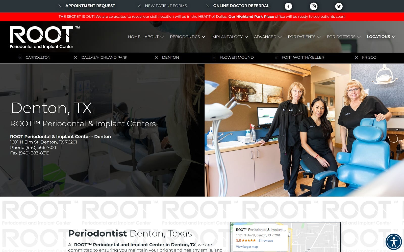 The screenshot of root periodontal & implant center - denton rootdfw. Com/denton-tx website