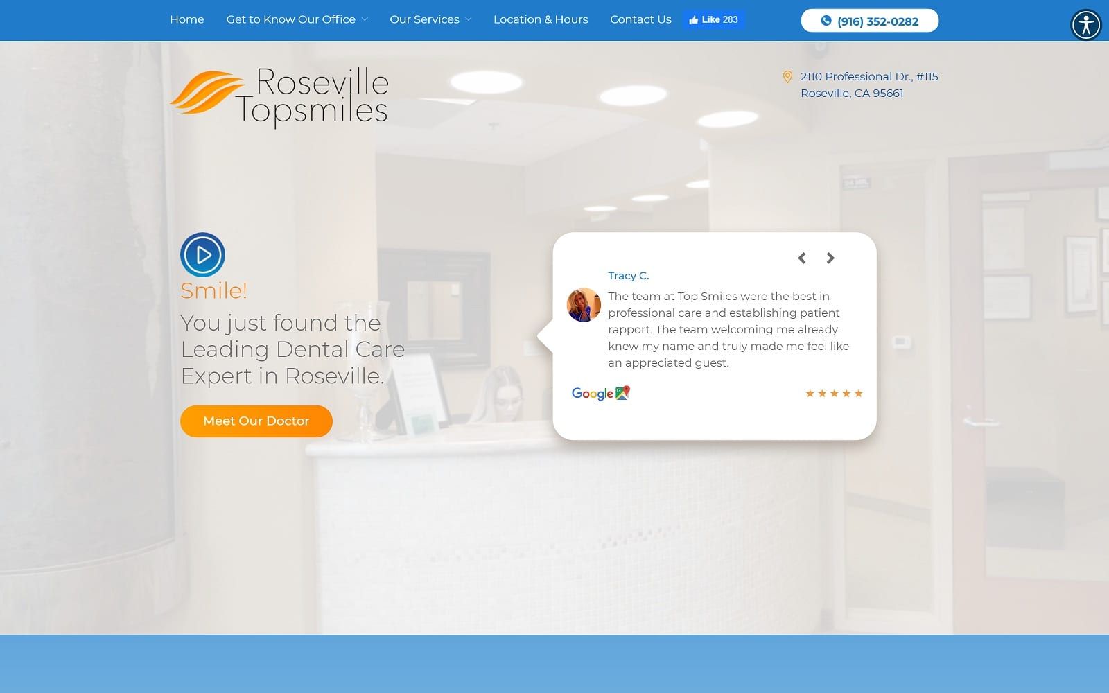 The screenshot of roseville topsmiles: dentist in roseville rosevilletopsmiles. Com website