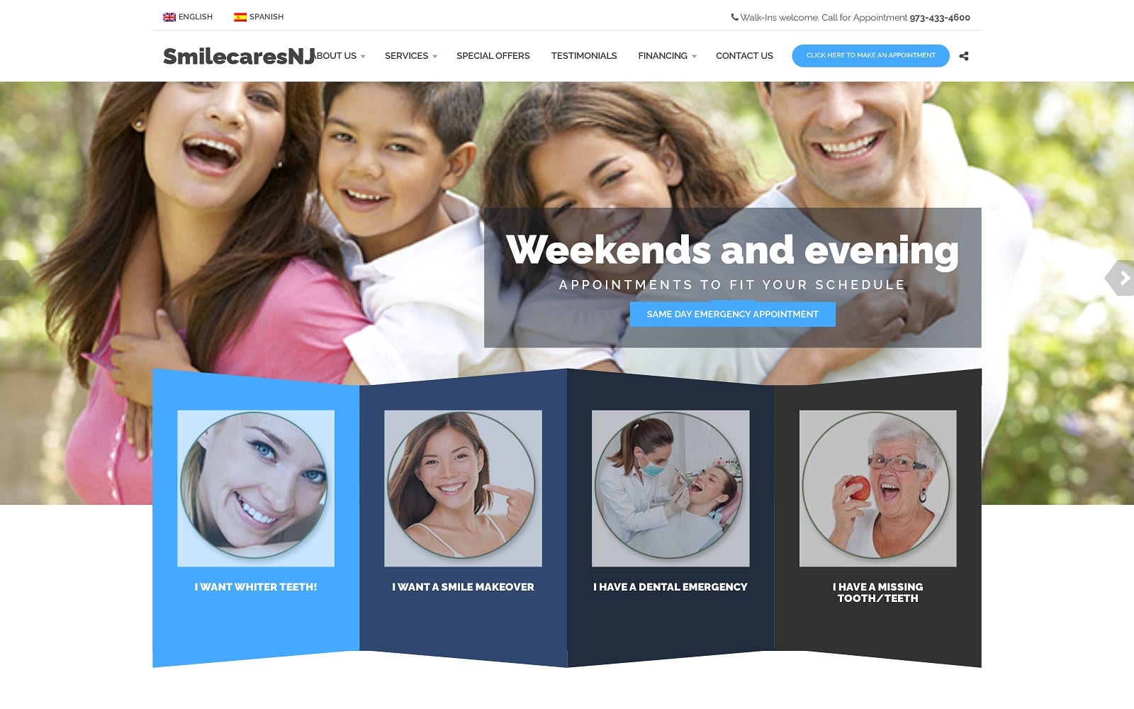 The screenshot of smile cares family dentistry smilecaresnj. Com website