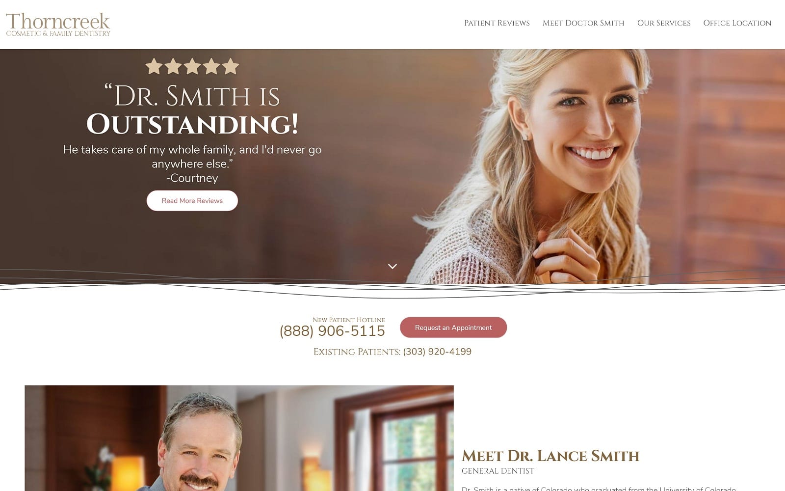 The screenshot of thorncreek cosmetic & family dentistry; lance e. Smith, dds thorncreekcosmeticdentistry. Com website