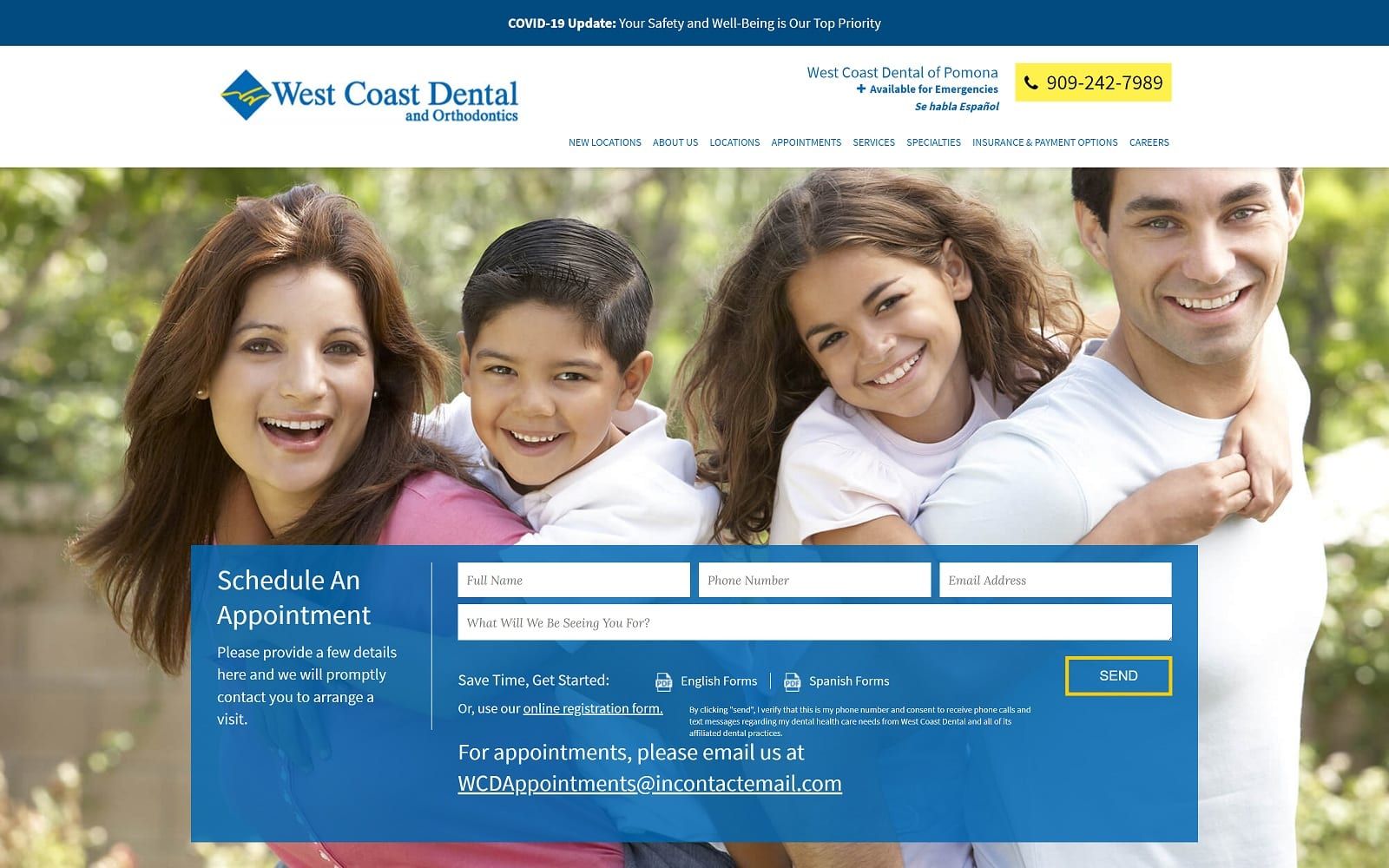 The screenshot of west coast dental of pomona westcoastdental. Com/locations/pomona website