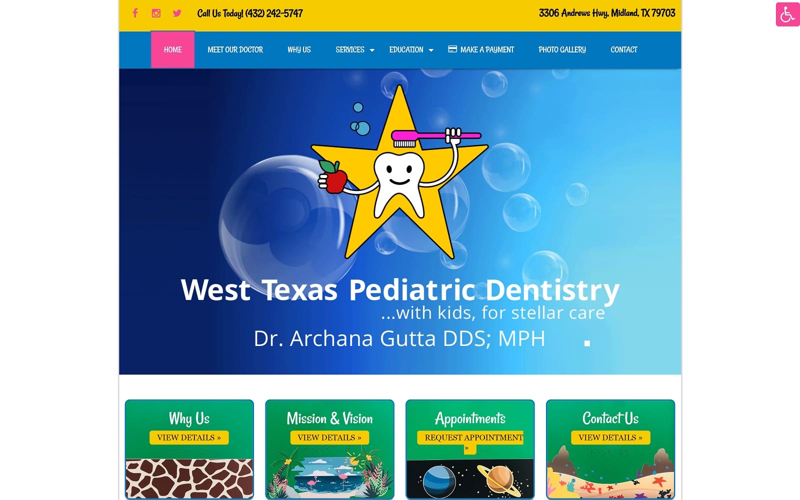 The screenshot of west texas pediatric dentistry westtxpediatricdentistry. Com website