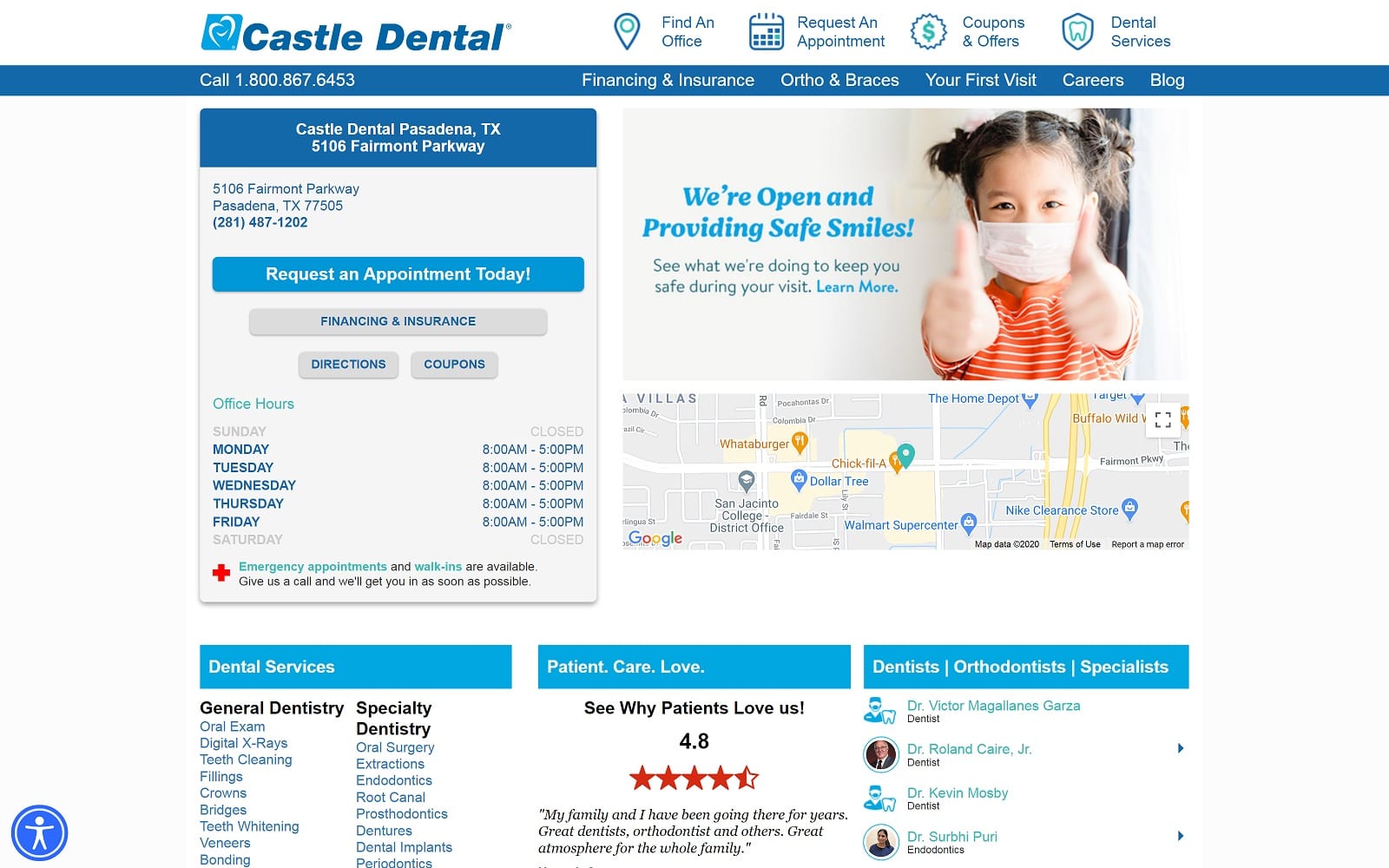 The screenshot of castle dental castledental. Com/dentist-near-me/pasadena-dentist/31370 website