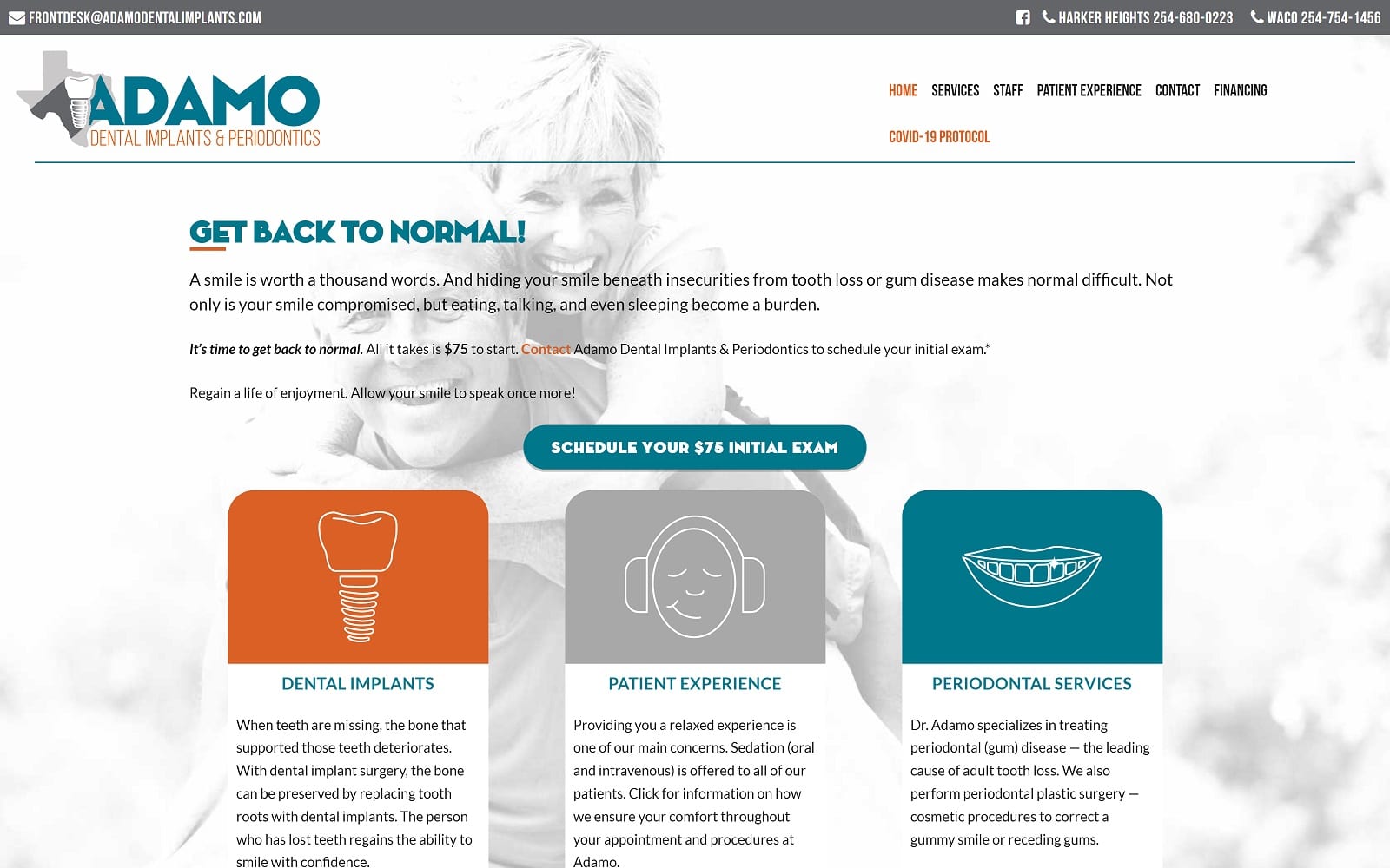 The screenshot of adamo dental implants & periodontics adamodentalimplants. Com website