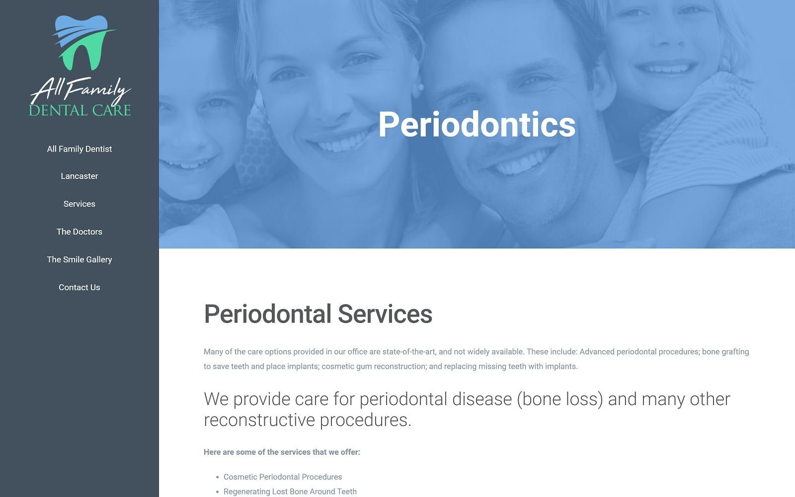 The screenshot of all family dentistry - porcelain veneers & root canals palmdale ca allfamilydentistlancaster. Com website