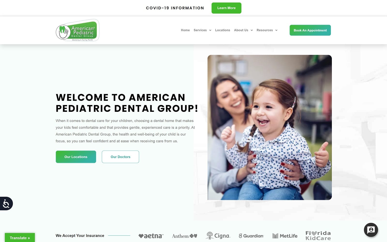 The screenshot of american pediatric dental group pines americanpediatricdental. Com website