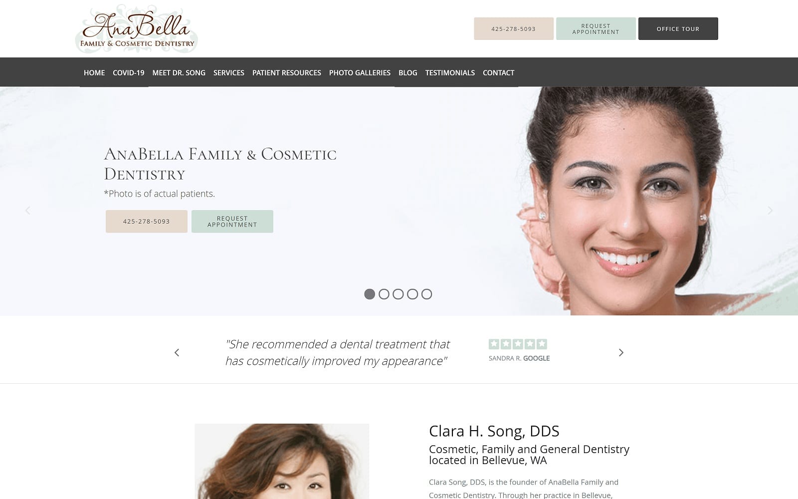 The screenshot of anabella family & cosmetic dentistry anabelladentistry. Com dr. Clara song website