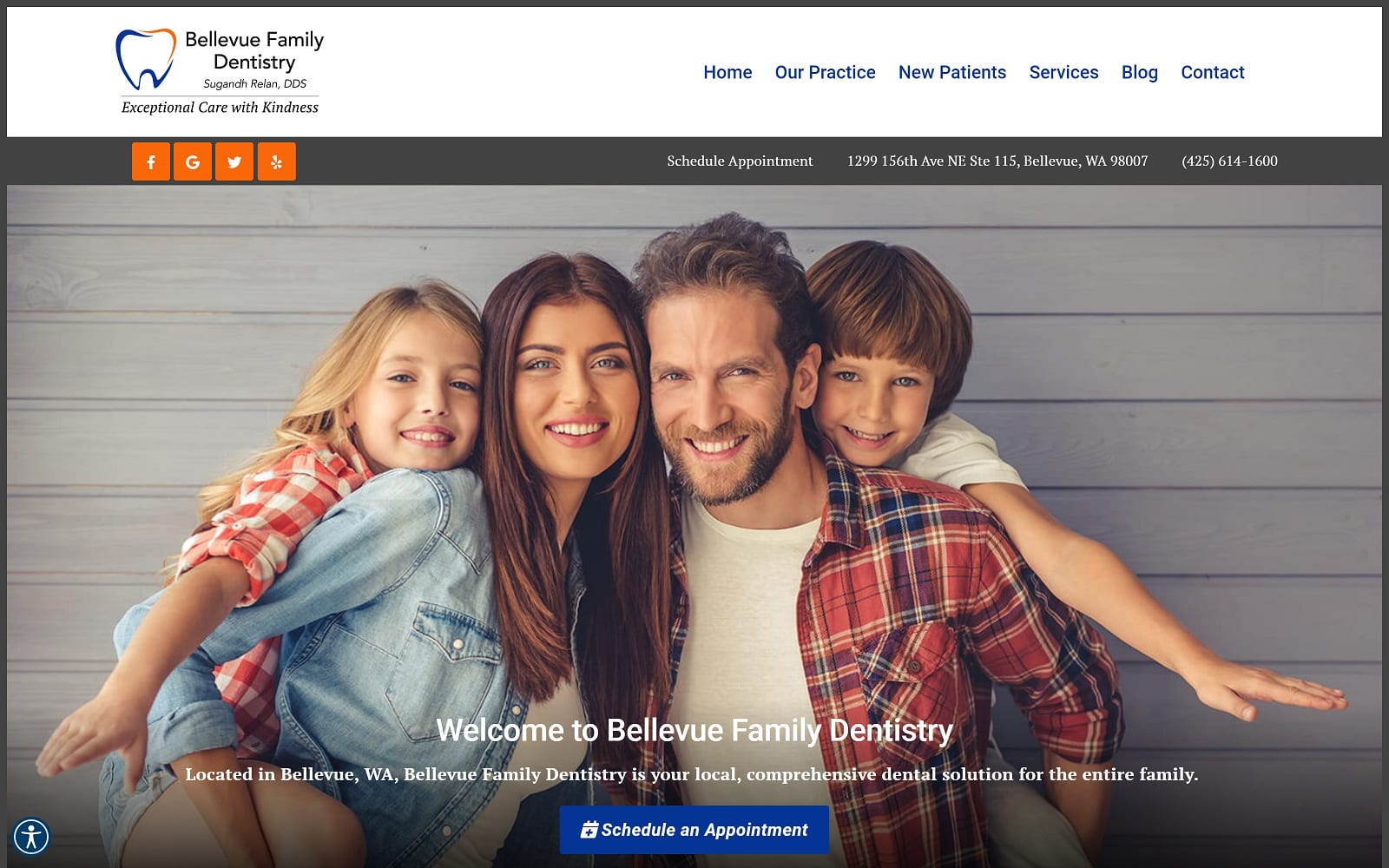 The screenshot of bellevue family dentistry bellevuefamilydentist. Com dr. Sugandh relan website