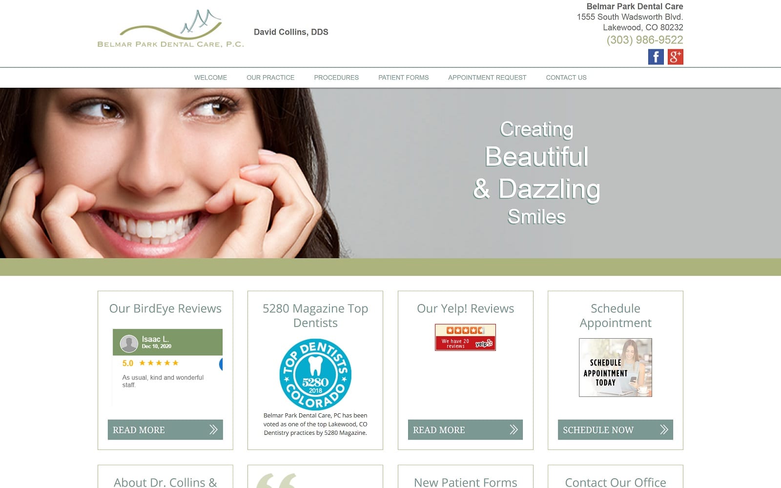 The screenshot of belmar park dental care, pc belmarparkdental. Com dr. David collins website